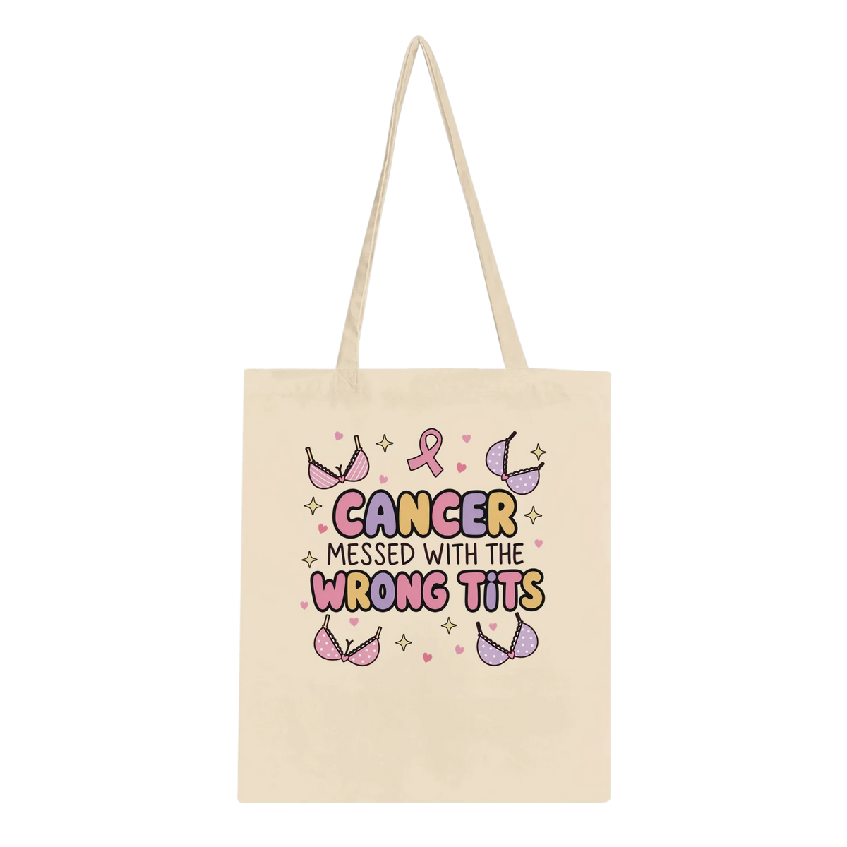 Cancer Messed With the Wrong Tits Tote Bag - Funny Breast Cancer Survivor Cotton Tote