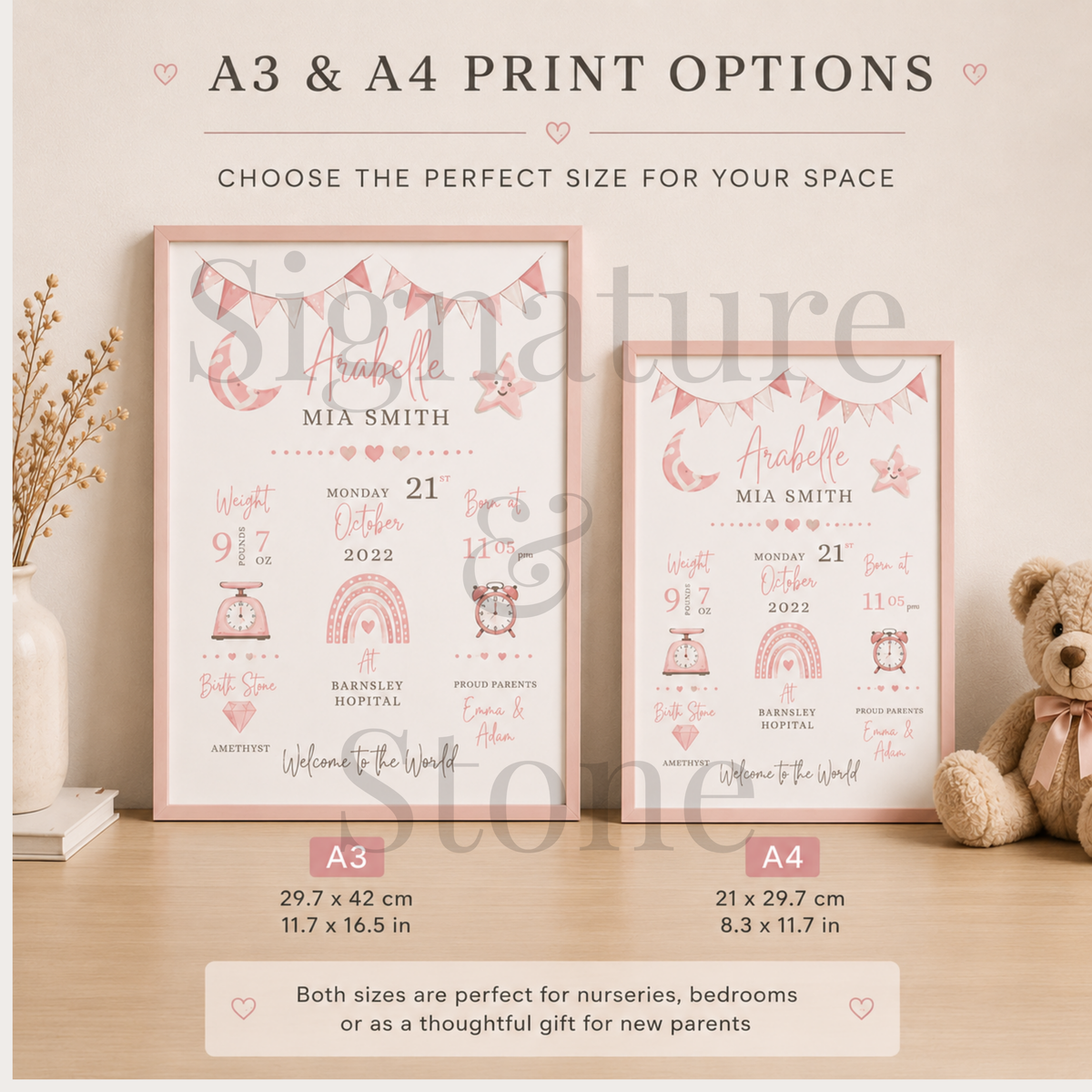 Personalised Baby Birth Stats Print, Custom Nursery Wall Art