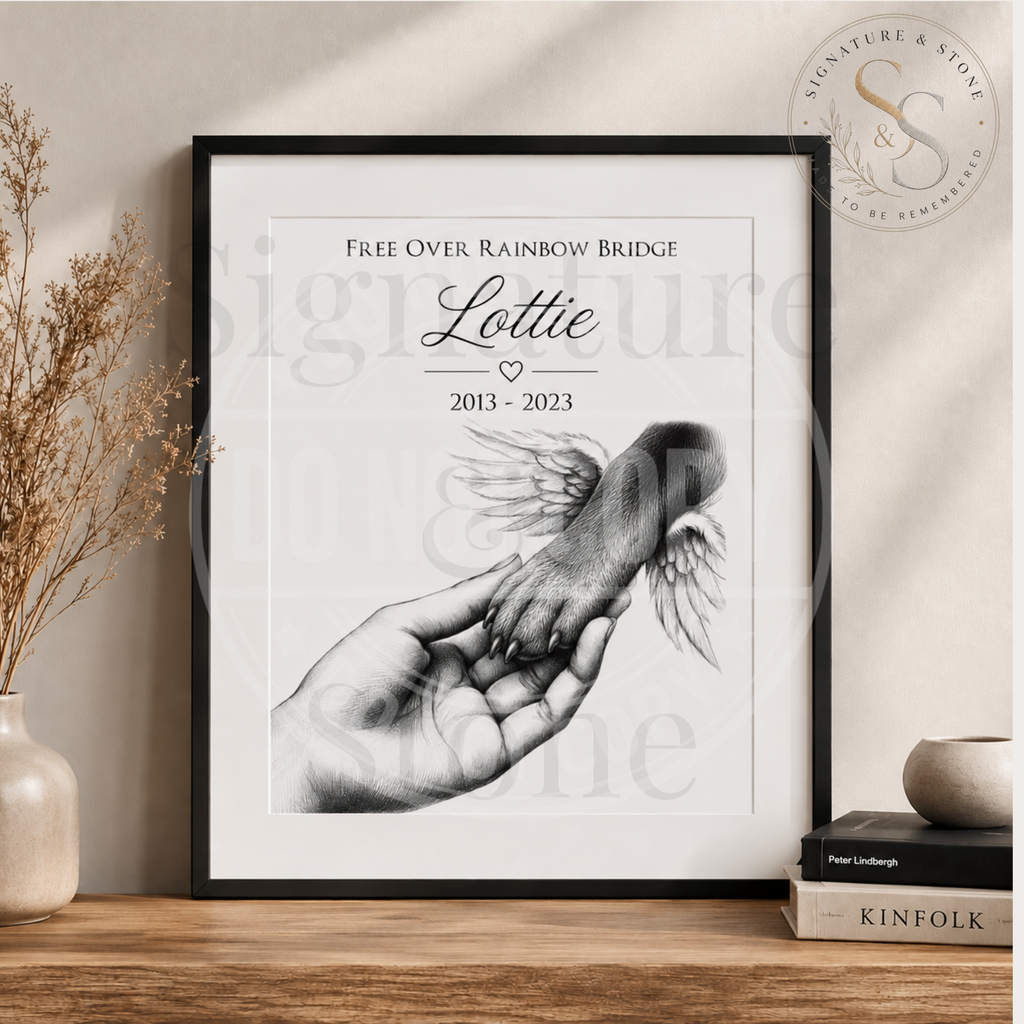 Empreinte de patte d'ange personnalisée pour animaux de compagnie | Cadeau de deuil chien et chat | Œuvre d'art numérique, imprimée ou encadrée