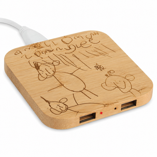 Personalized Children's Drawing Wireless Charger & USB Hub | Custom Engraved Bamboo Charger
