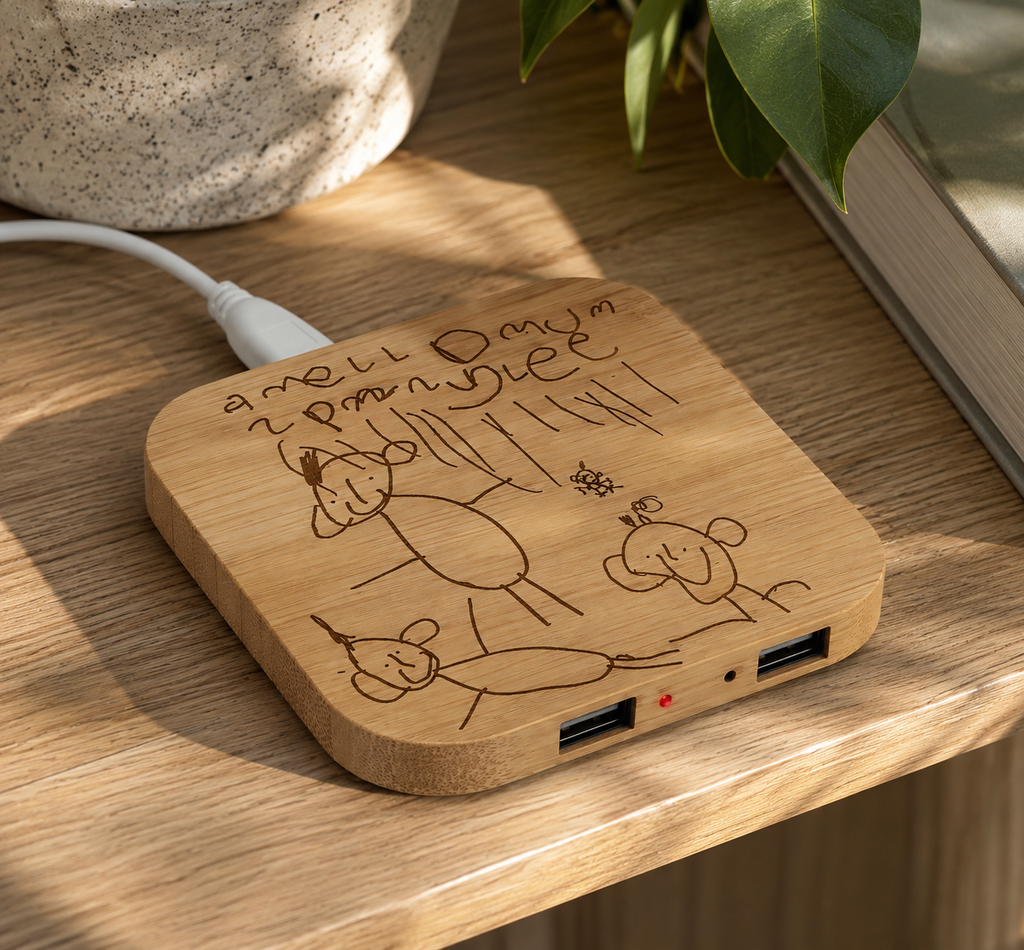Personalized Children's Drawing Wireless Charger & USB Hub | Custom Engraved Bamboo Charger
