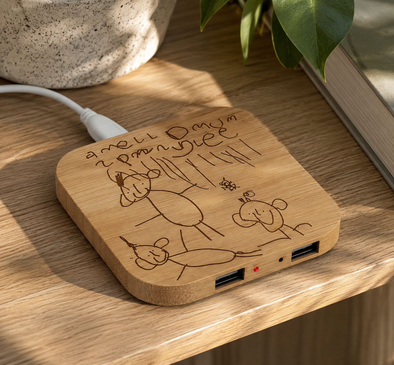 Personalized Children's Drawing Wireless Charger & USB Hub | Custom Engraved Bamboo Charger