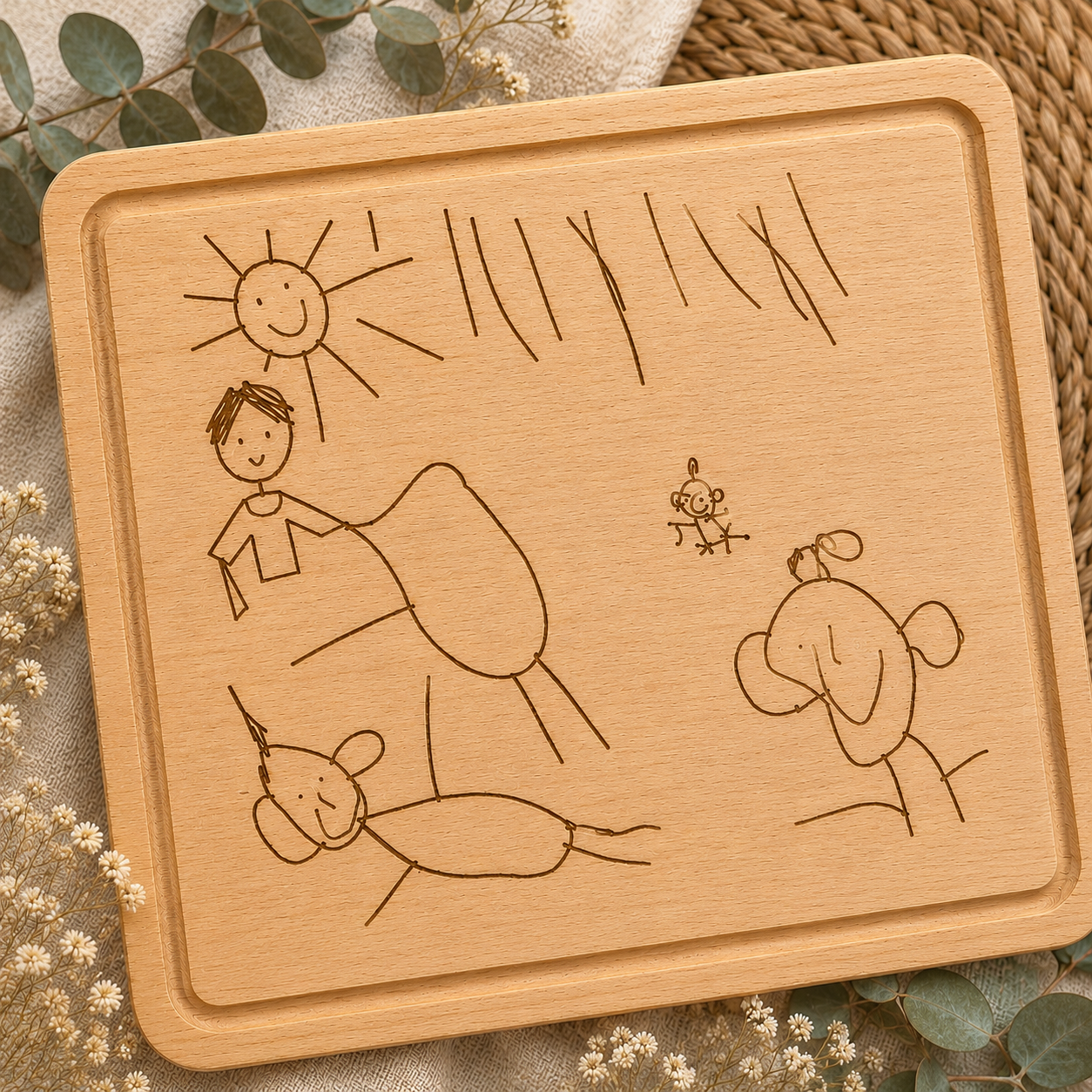 Personalised wooden chopping board engraved with children's drawings and custom text, creating a unique keepsake gift from a child's artwork.