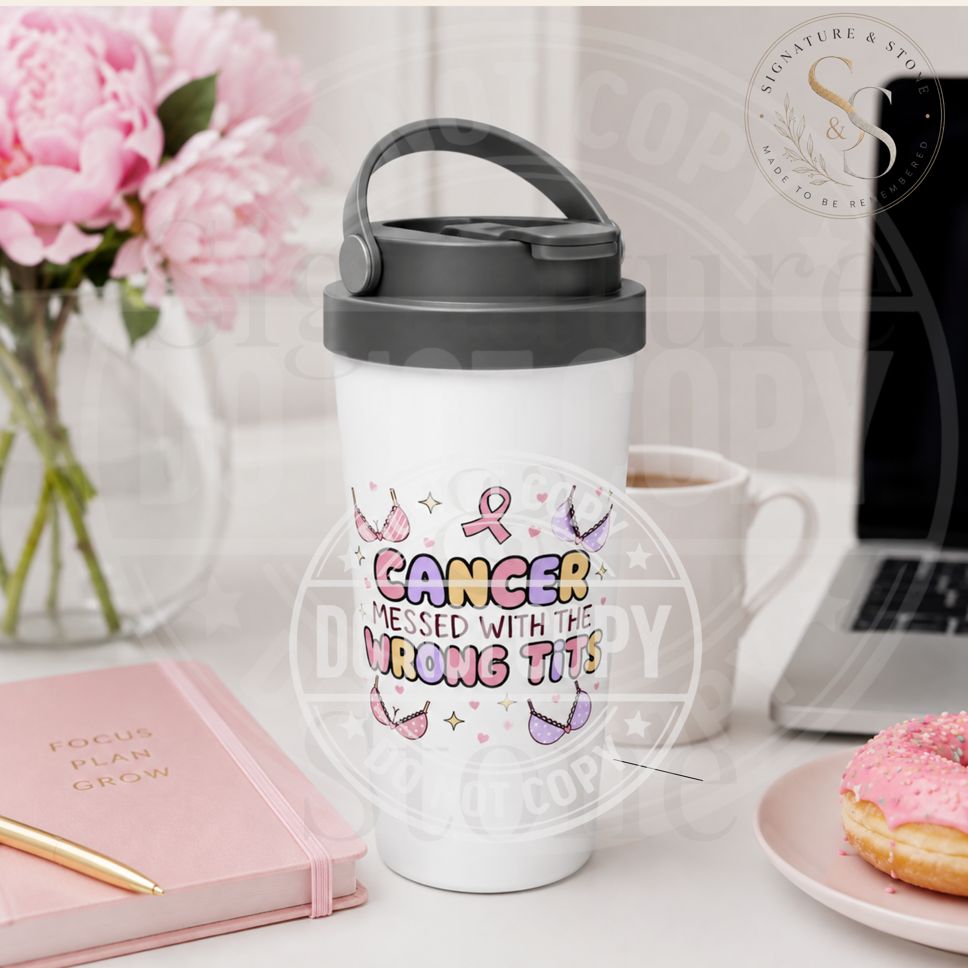 Cancer Messed With the Wrong Tits Travel Mug | Funny Breast Cancer Survivor Tumbler