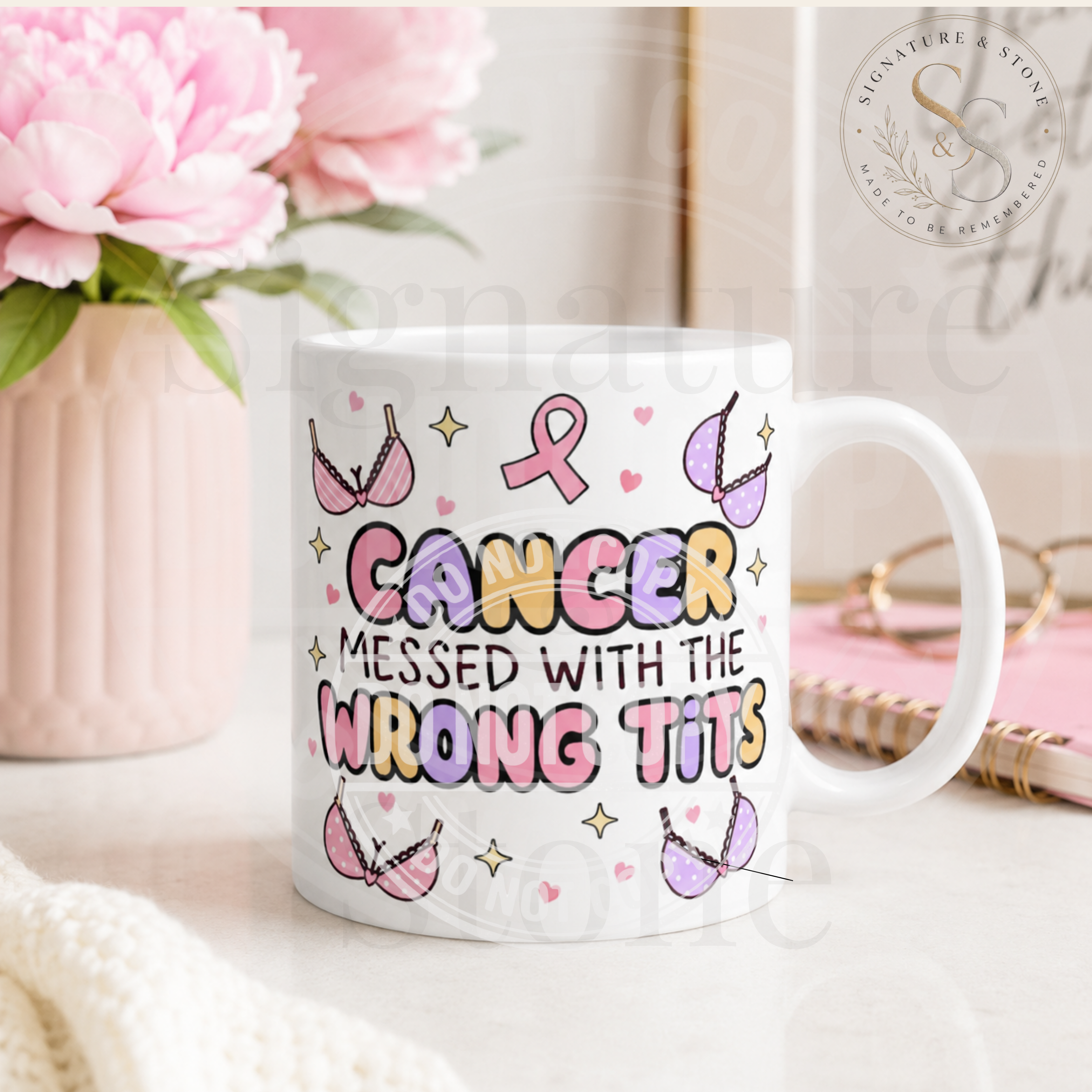 Cancer Messed With the Wrong Tits Mug | Funny Breast Cancer Survivor Coffee Mug