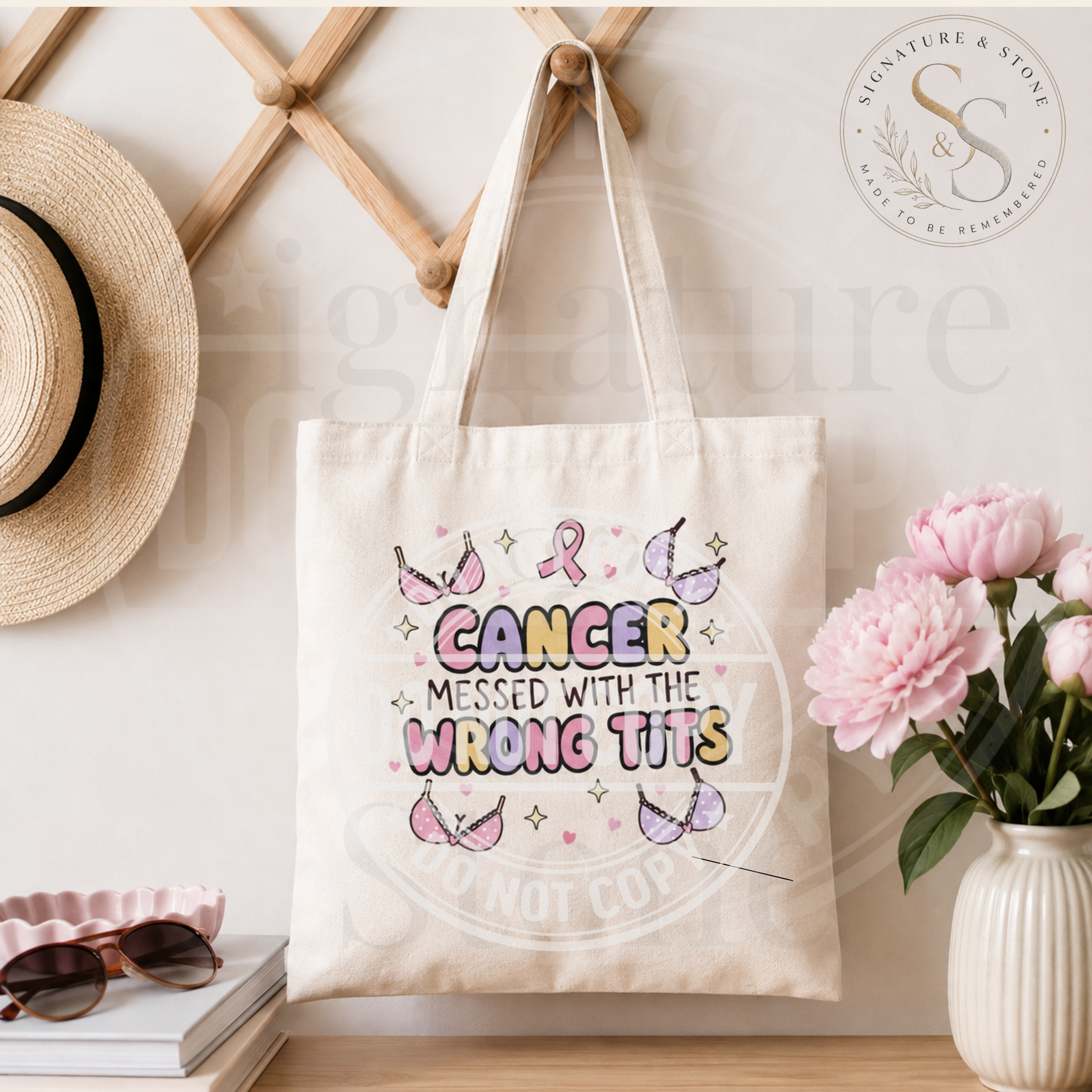 Cancer Messed With the Wrong Tits Tote Bag | Funny Breast Cancer Survivor Cotton Tote