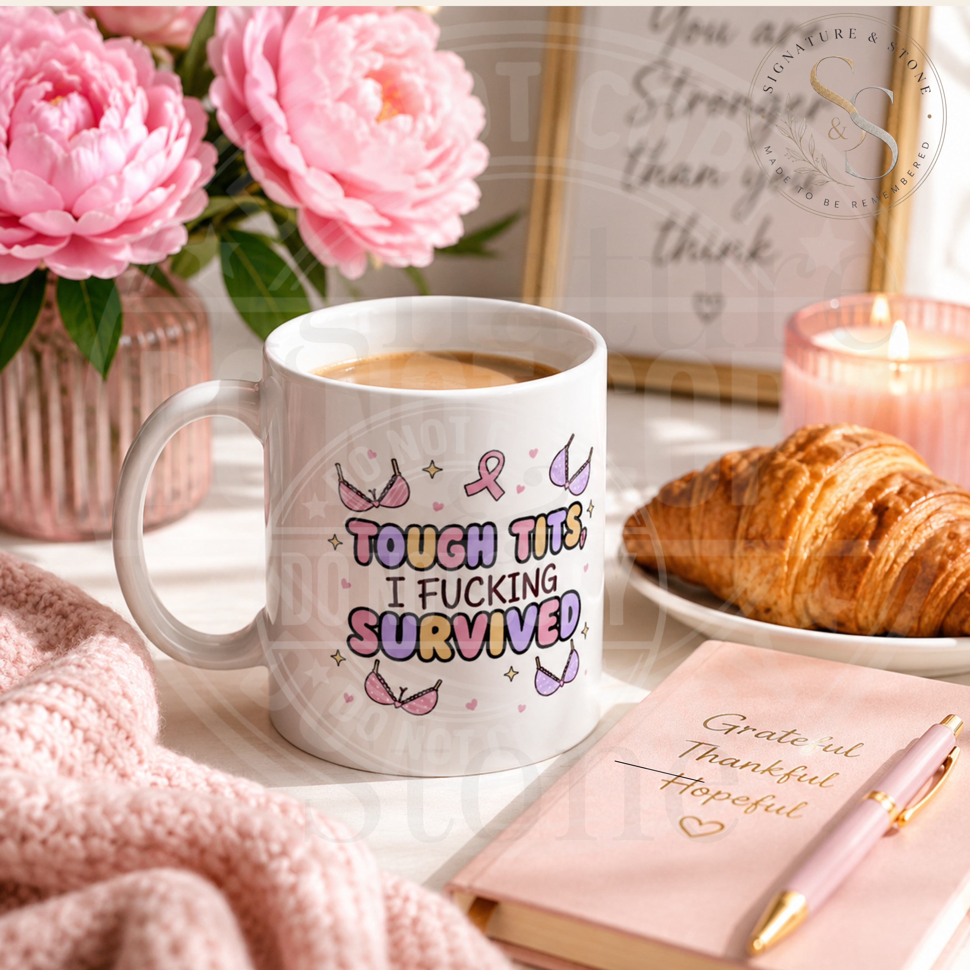 Tough Tits I F*cking Survived Mug | Funny Breast Cancer Survivor Coffee Mug