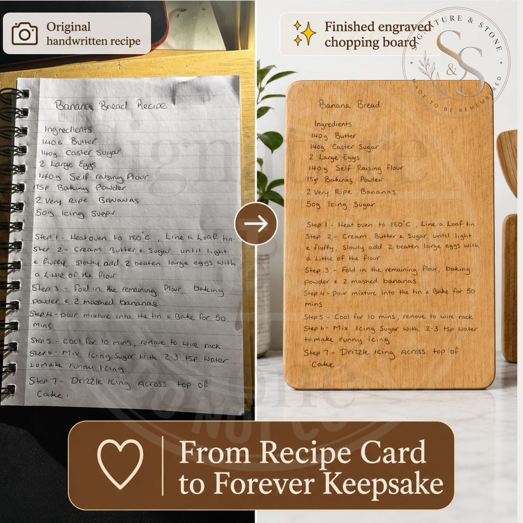 Planche de recettes manuscrites personnalisée, Planche à découper avec recette gravée, Cadeau souvenir familial
