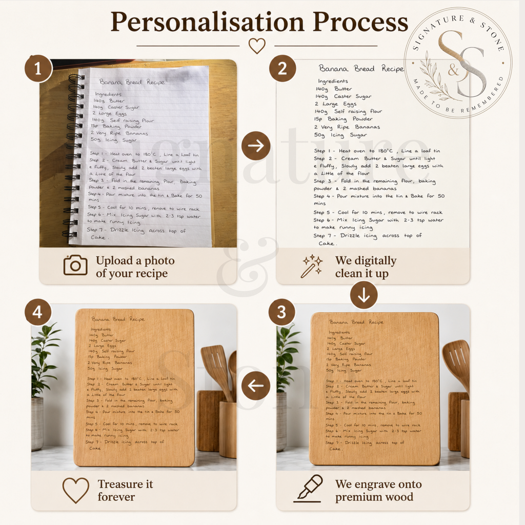 Planche de recettes manuscrites personnalisée, Planche à découper avec recette gravée, Cadeau souvenir familial