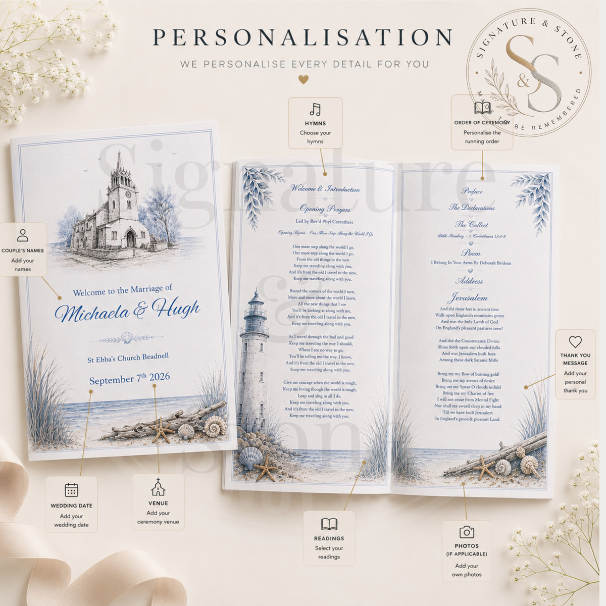 Personalised Wedding Order of Service Booklet, Custom Ceremony Program, 4 or 8 Pages