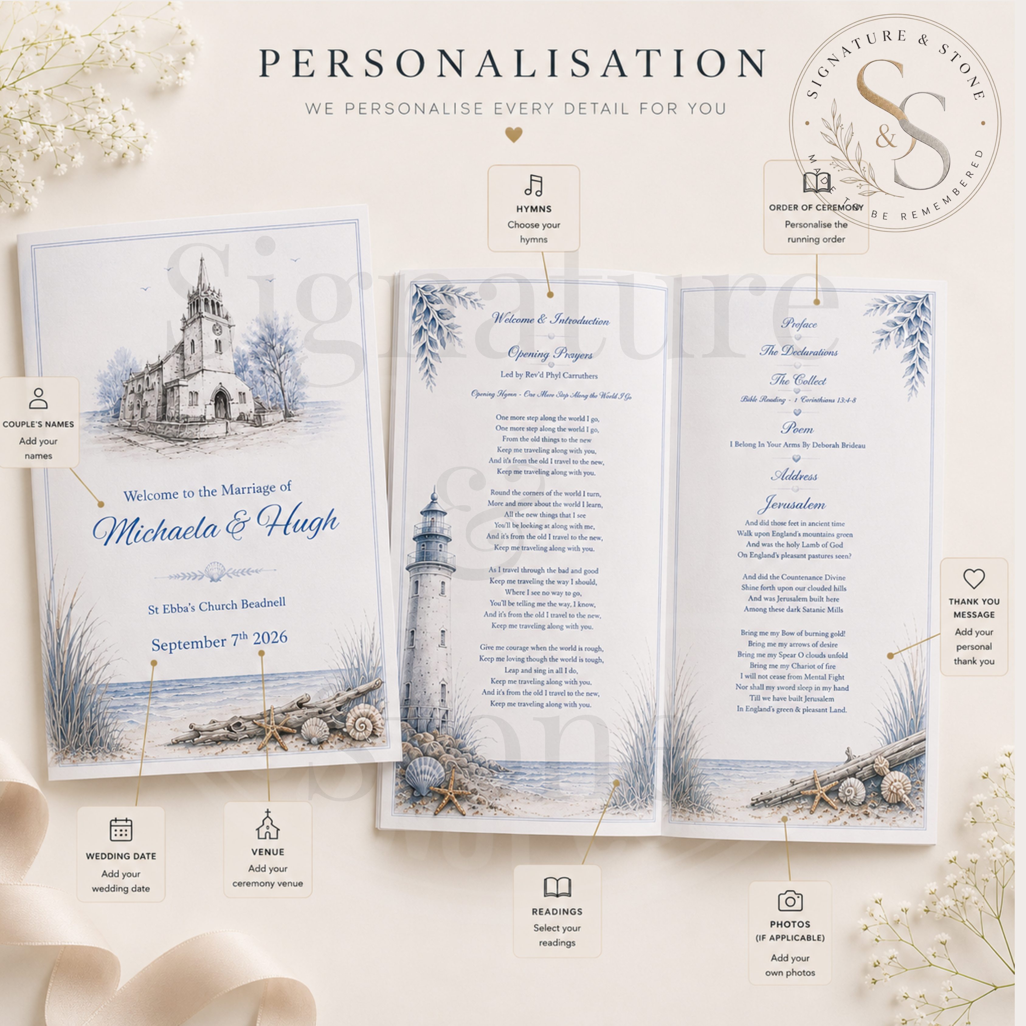 Personalised Wedding Order of Service Booklet, Custom Ceremony Program, 4 or 8 Pages