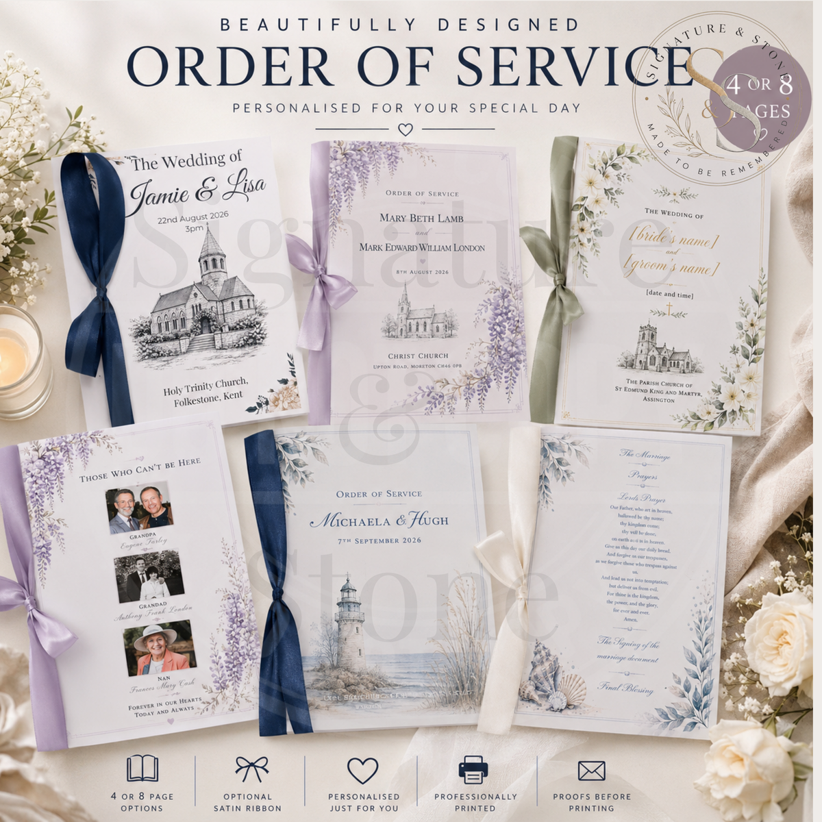 Personalised Wedding Order of Service Booklet, Custom Ceremony Program, 4 or 8 Pages