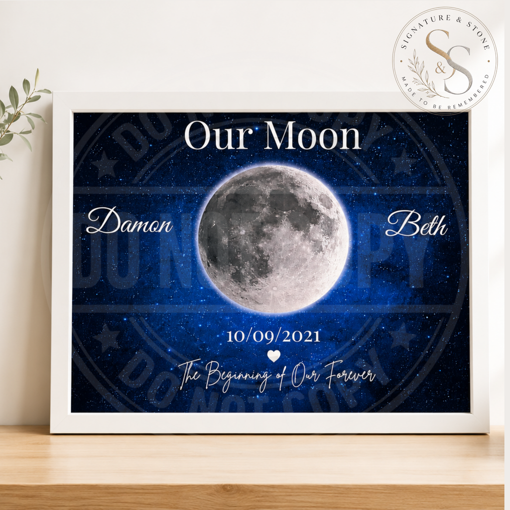 Impression de lune personnalisée, décoration murale pour couples, cadeau d'anniversaire encadré ou non encadré