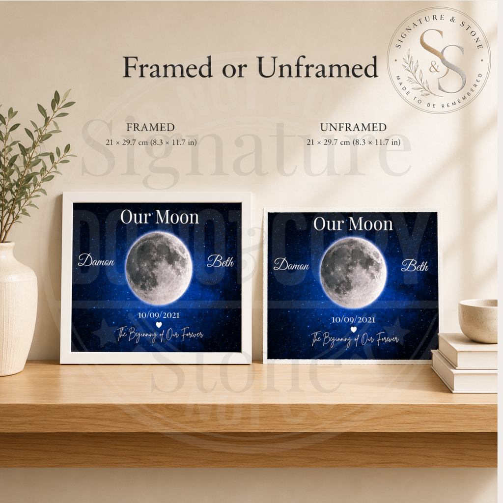 Impression de lune personnalisée, décoration murale pour couples, cadeau d'anniversaire encadré ou non encadré