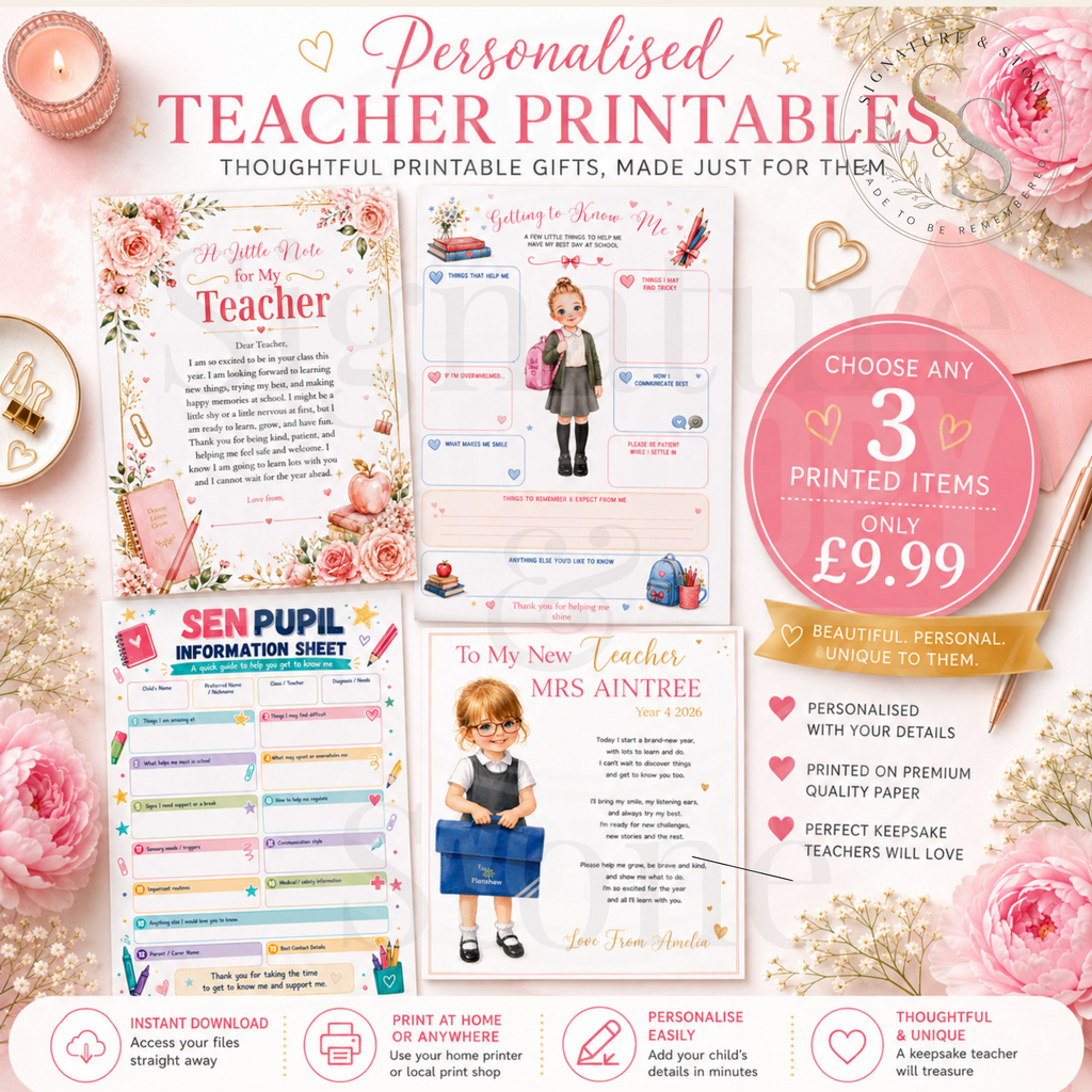 Personalised School Starter Bundle | Teacher Gift & School Information Pack | Printed School Keepsake Set | Custom Child Illustration