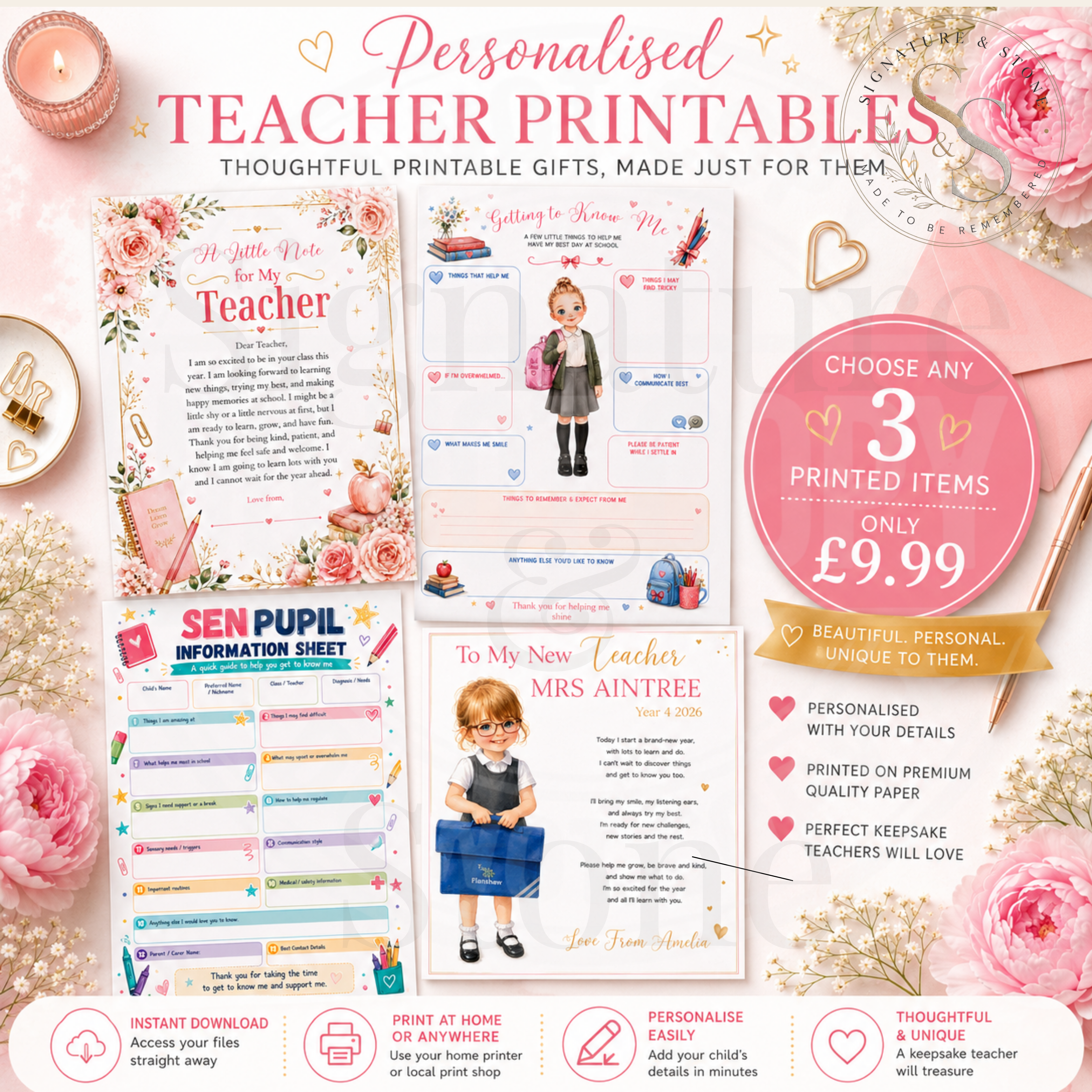 Personalised School Starter Bundle | Teacher Gift & School Information Pack | Printed School Keepsake Set | Custom Child Illustration