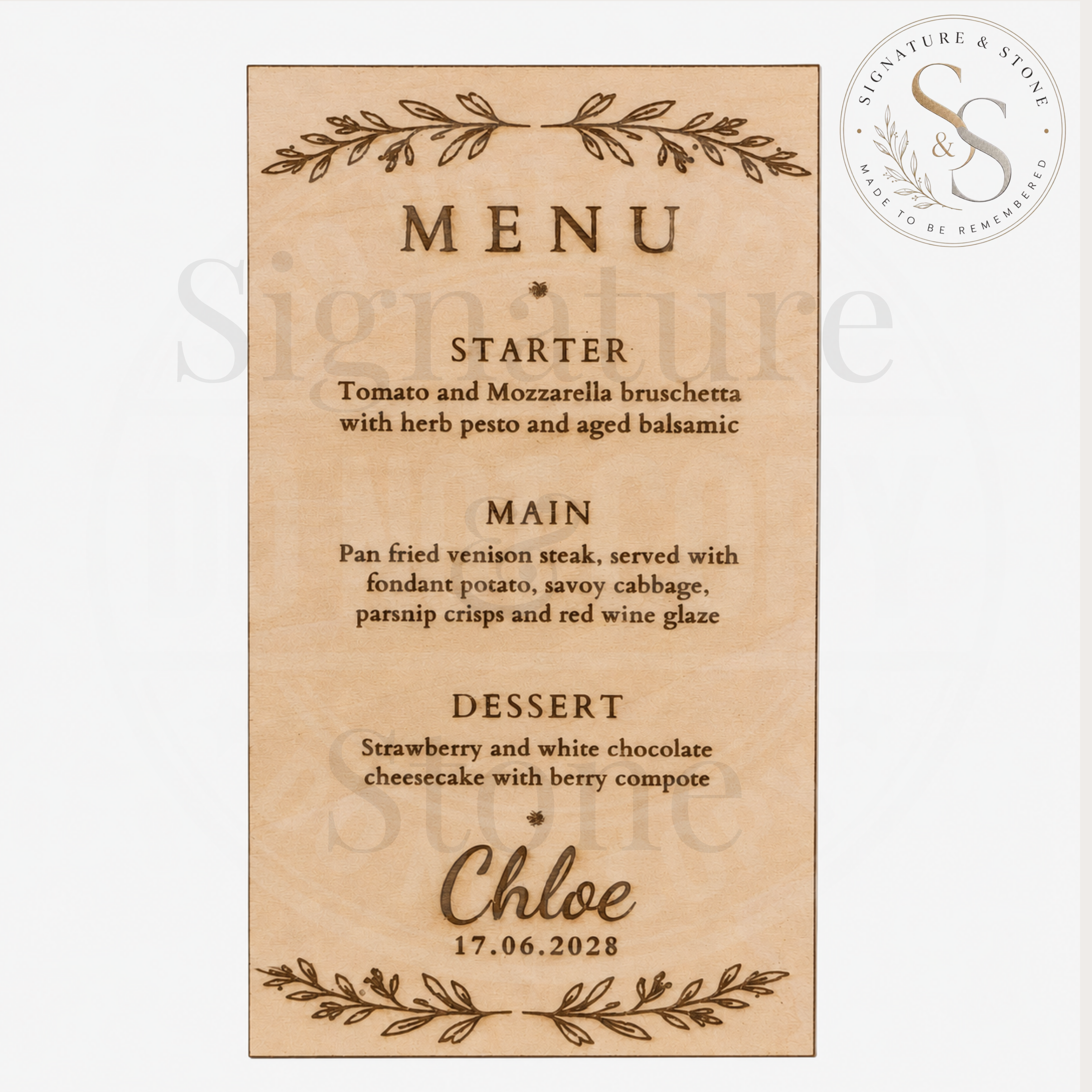 Personalised Laser Engraved Wooden Wedding Menu - Custom Names, Date & Text - Handmade in the UK