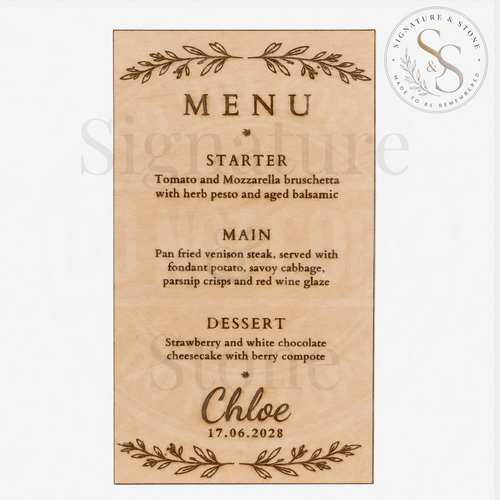 Personalised Laser Engraved Wooden Wedding Menu - Custom Names, Date & Text - Handmade in the UK