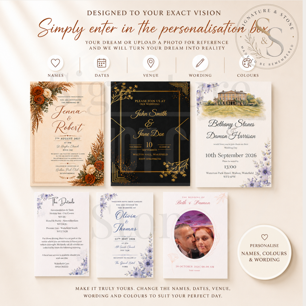 Faire-part de mariage personnalisé, Faire-part de mariage entièrement personnalisable, Papeterie de mariage personnalisée