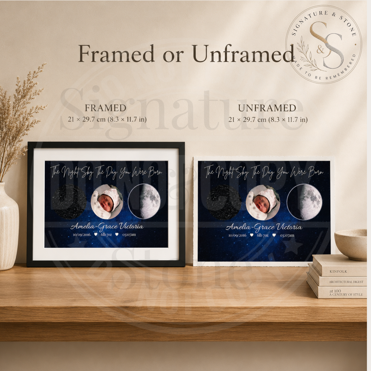 Personalised Night Sky Birth Print, Baby Star Map, Moon Phase Nursery Wall Art