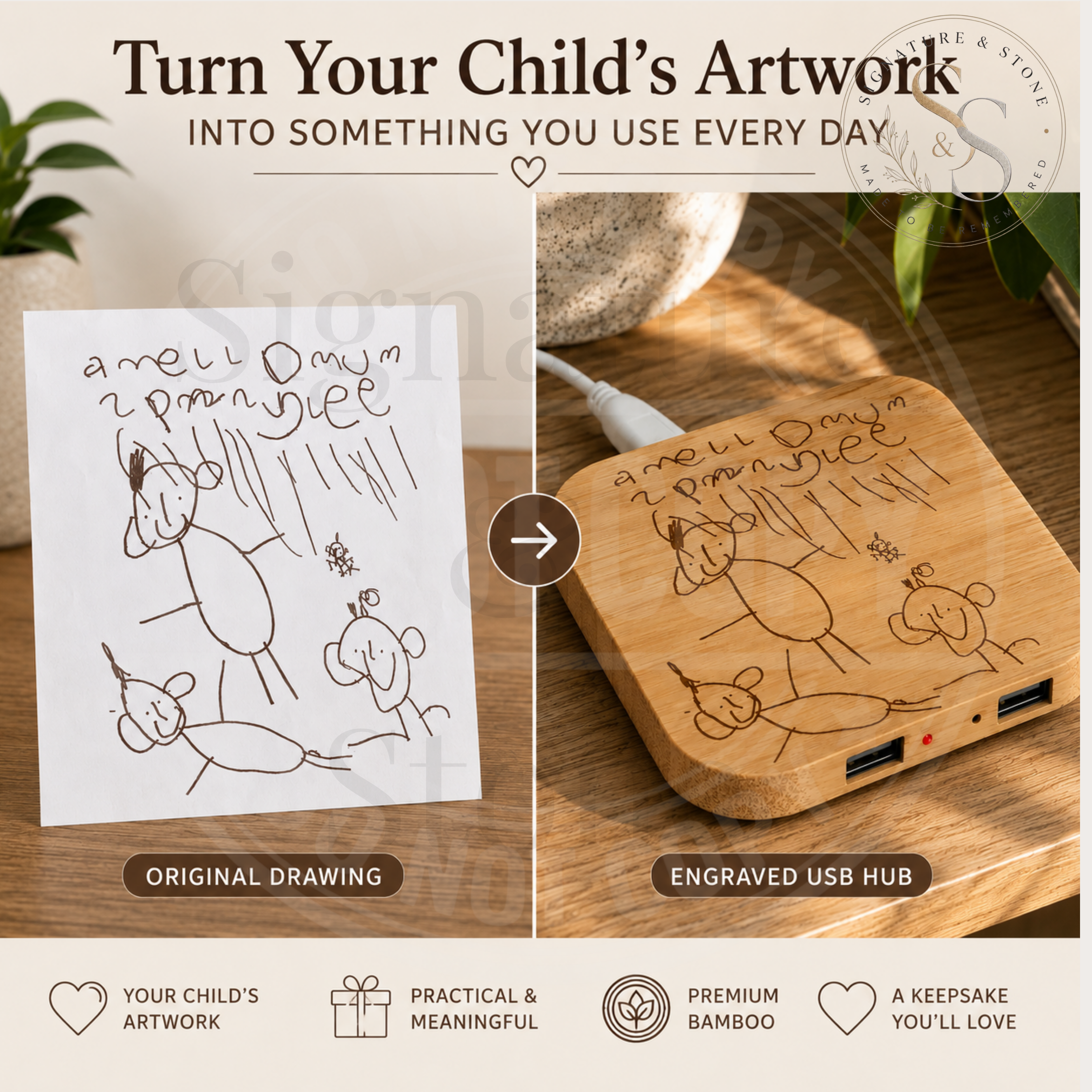 Chargeur sans fil personnalisé, Chargeur gravé dessin enfant, Chargeur de téléphone personnalisé en bambou