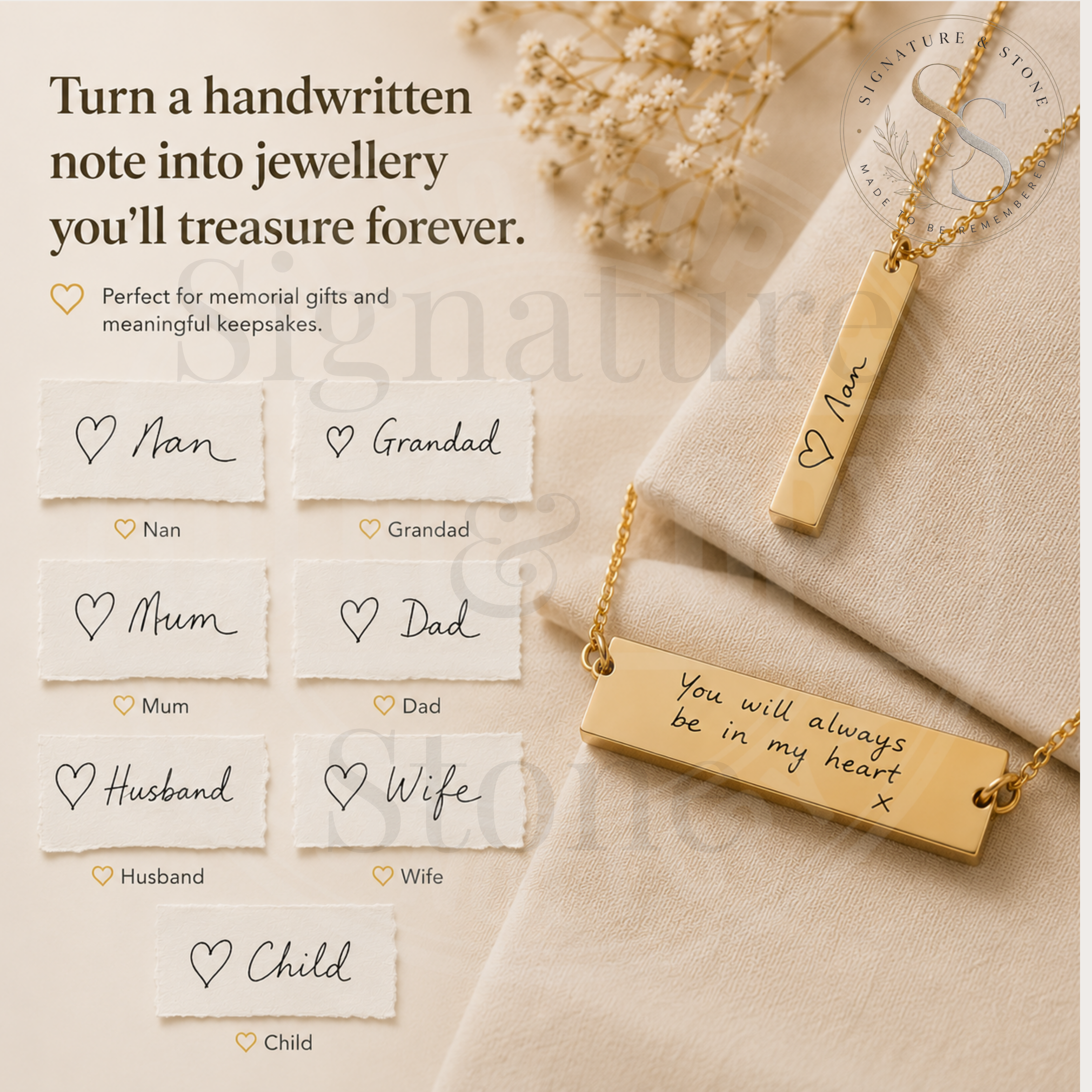 Custom Handwriting Necklace, Personalised Engraved Bar Necklace, Keepsake Gift