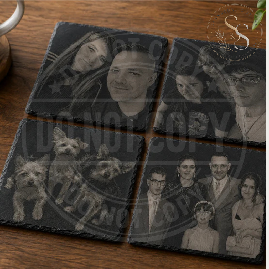 Personalised Engraved Slate Coaster, Custom Photo Coaster, Laser Engraved Gift