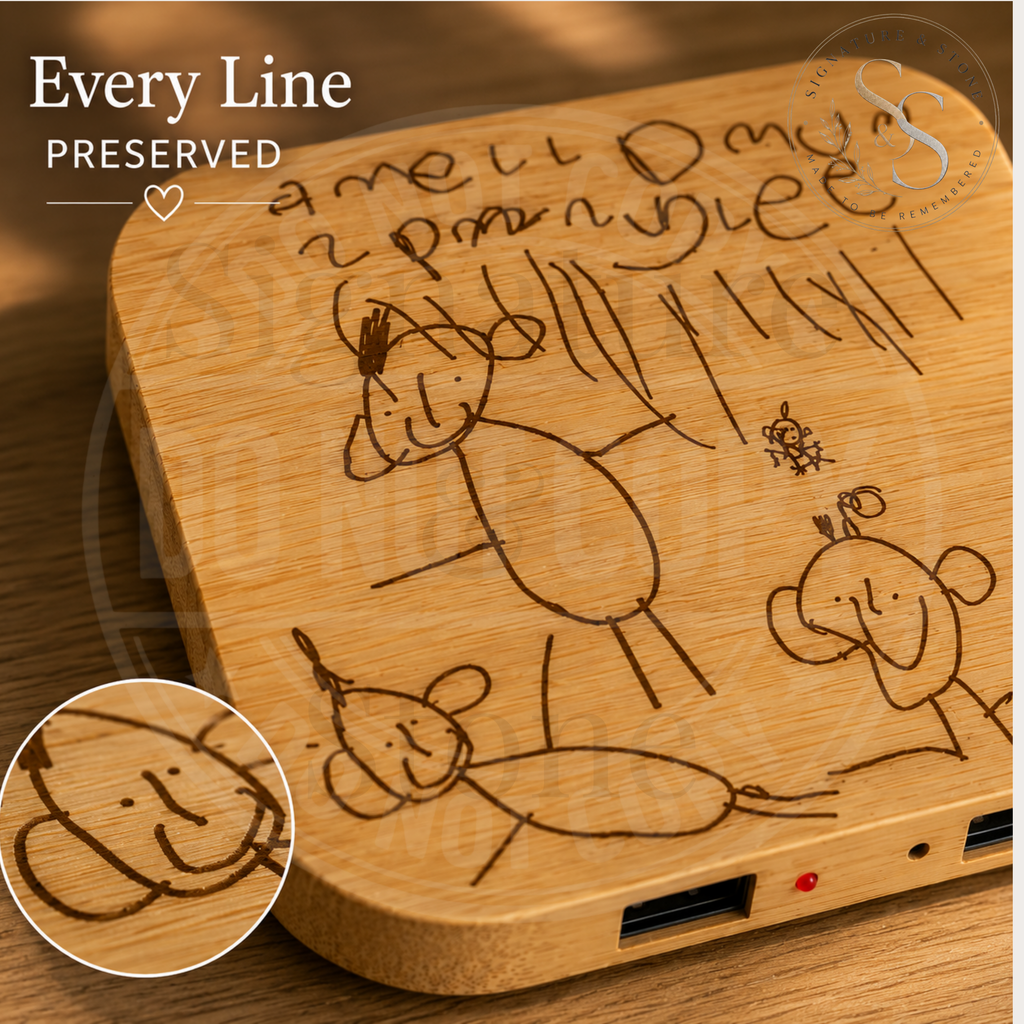 Chargeur sans fil personnalisé, Chargeur gravé dessin enfant, Chargeur de téléphone personnalisé en bambou