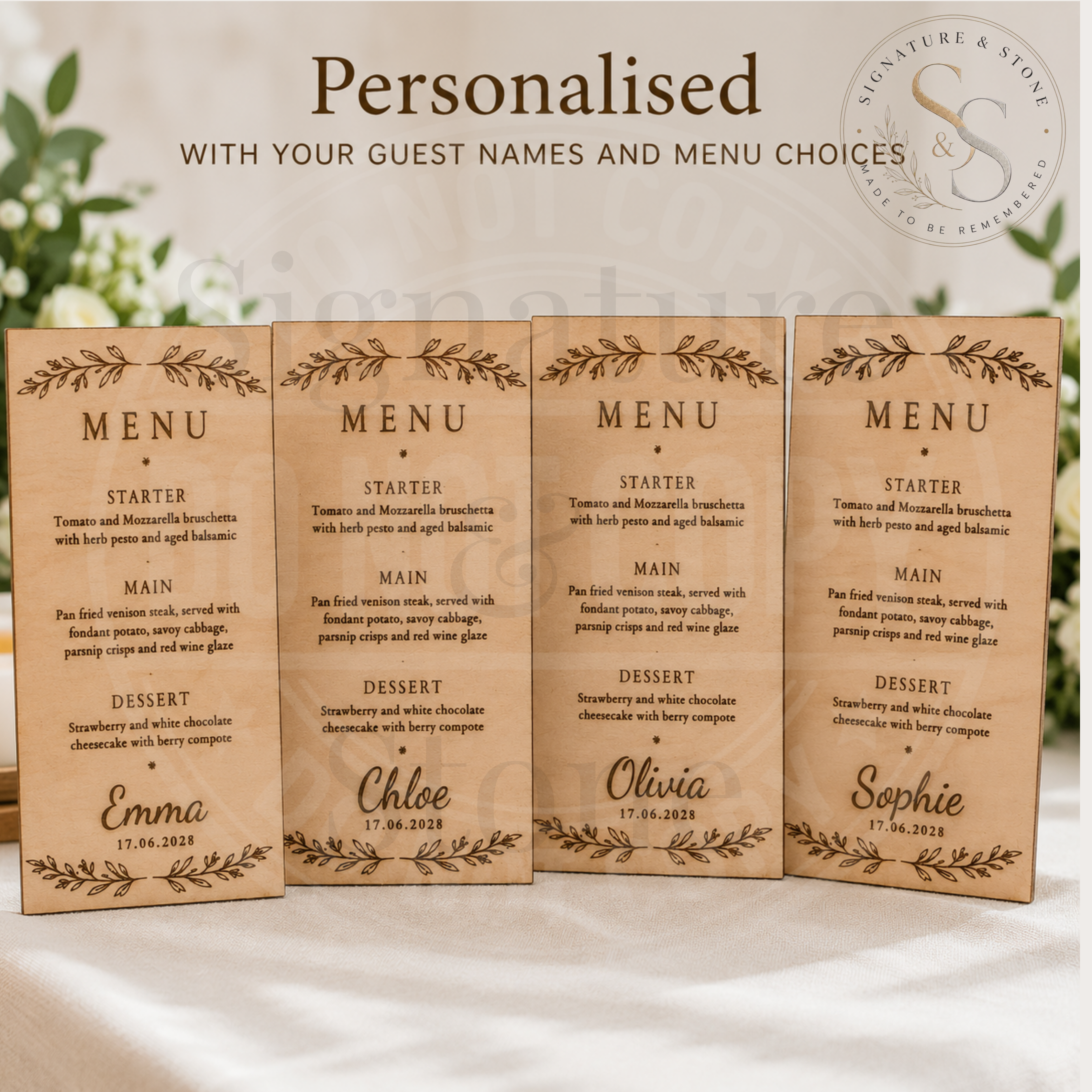 Personalised Laser Engraved Wooden Wedding Menu - Custom Names, Date & Text - Handmade in the UK
