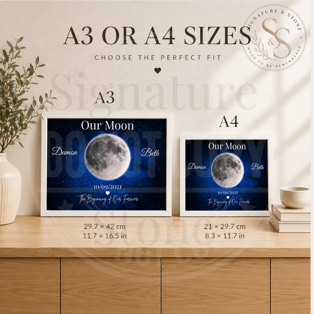 Impression de lune personnalisée, décoration murale pour couples, cadeau d'anniversaire encadré ou non encadré