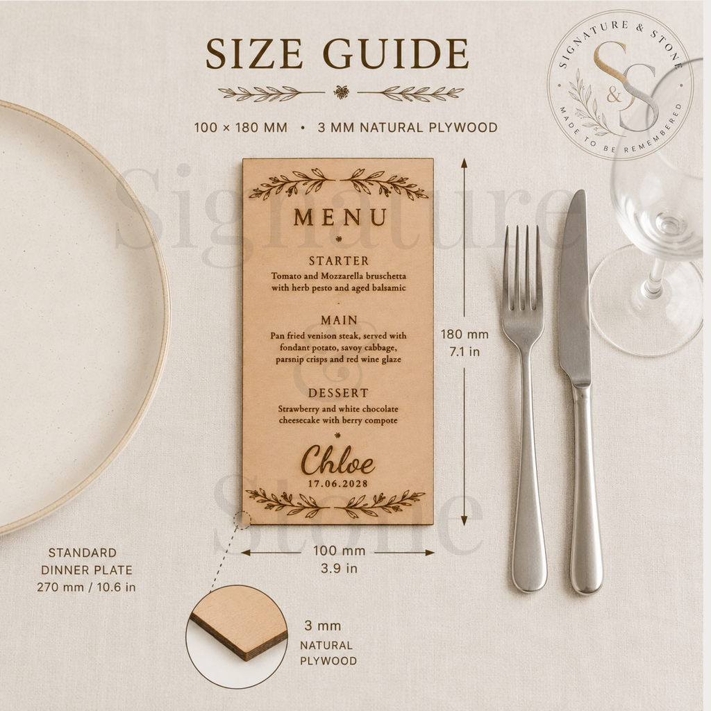 Personalised Laser Engraved Wooden Wedding Menu - Custom Names, Date & Text - Handmade in the UK