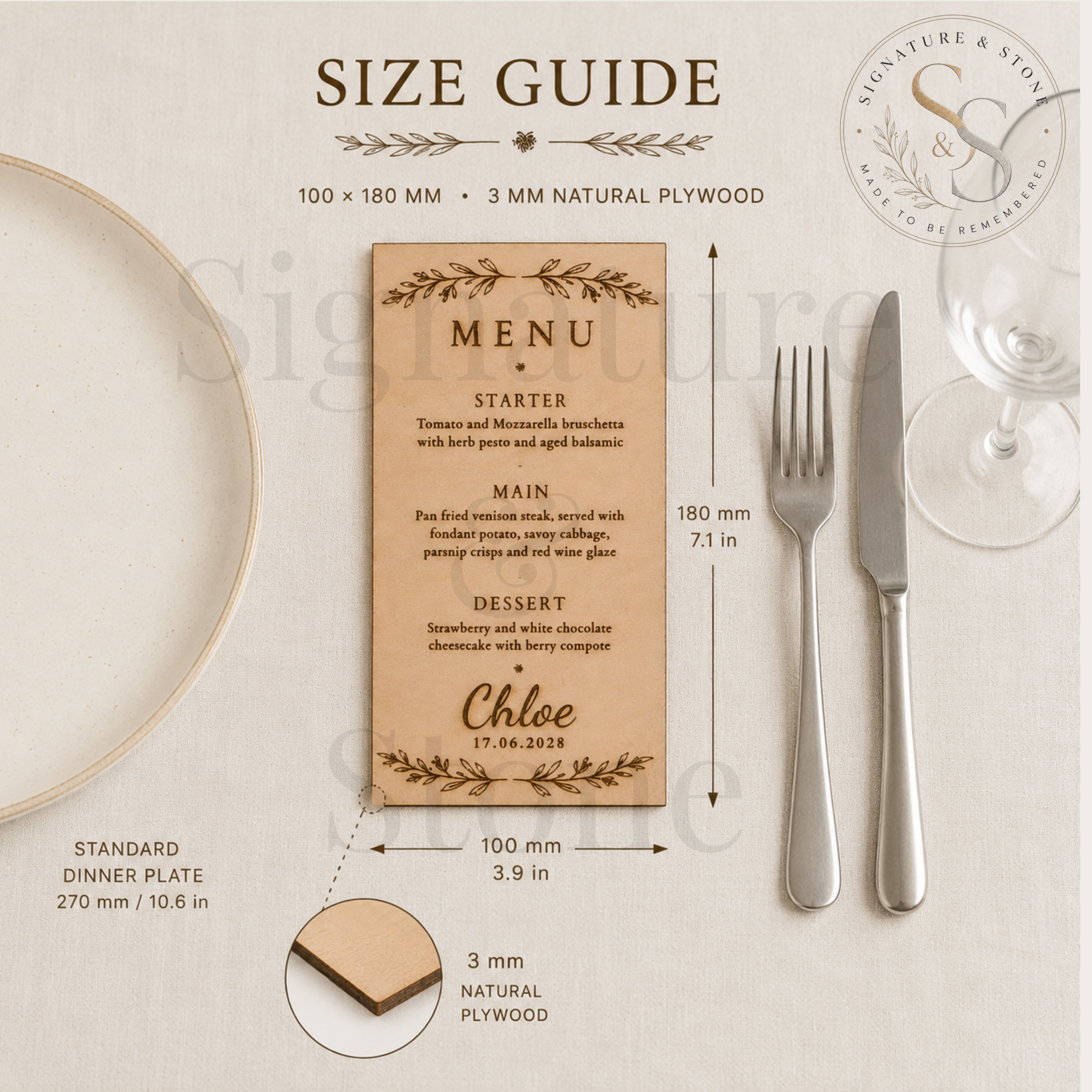 Personalised Laser Engraved Wooden Wedding Menu - Custom Names, Date & Text - Handmade in the UK