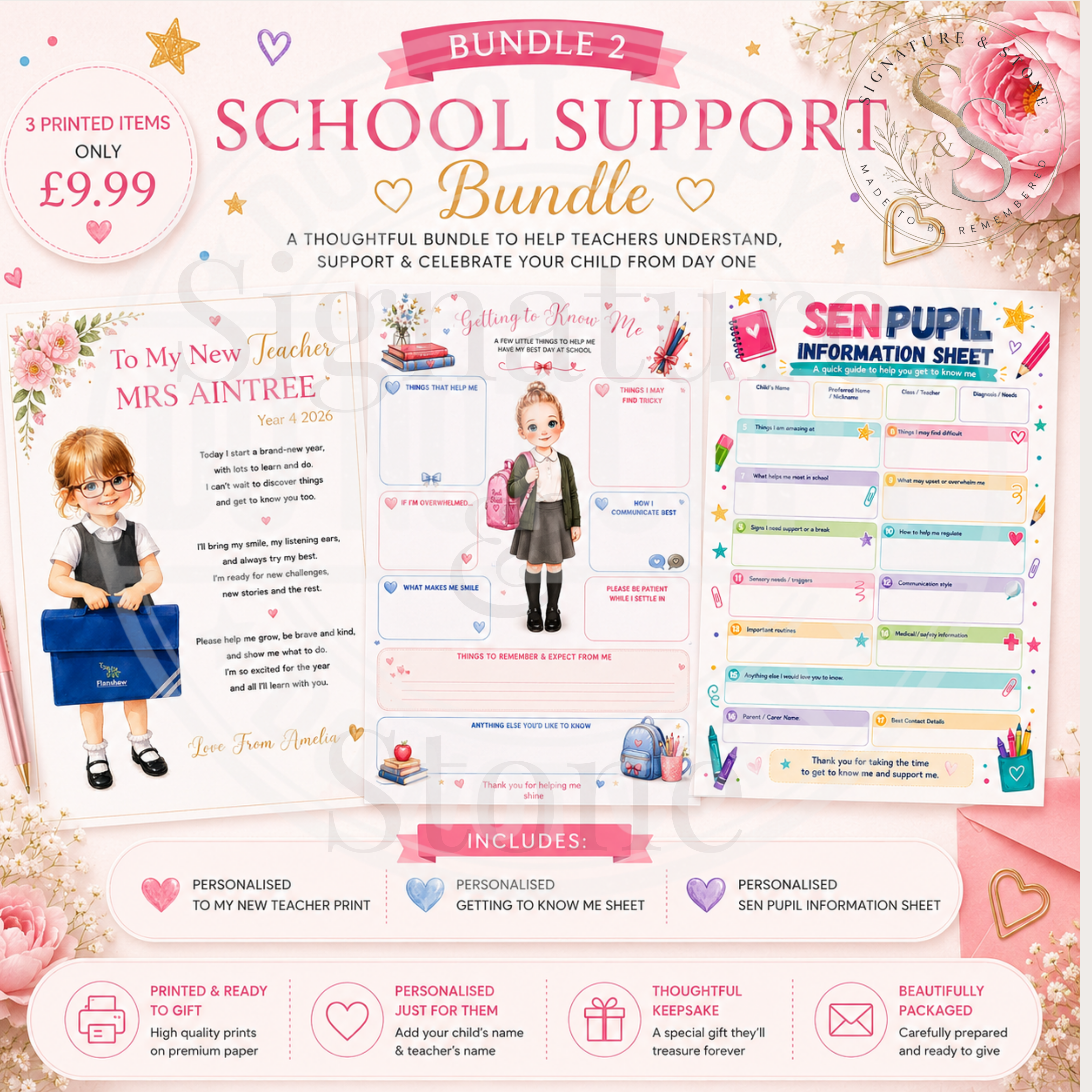 Pack de Démarrage Scolaire Personnalisé | Cadeau pour Enseignant & Livret d'Information Scolaire | Kit Souvenir Scolaire Imprimé | Illustration Enfant Personnalisée