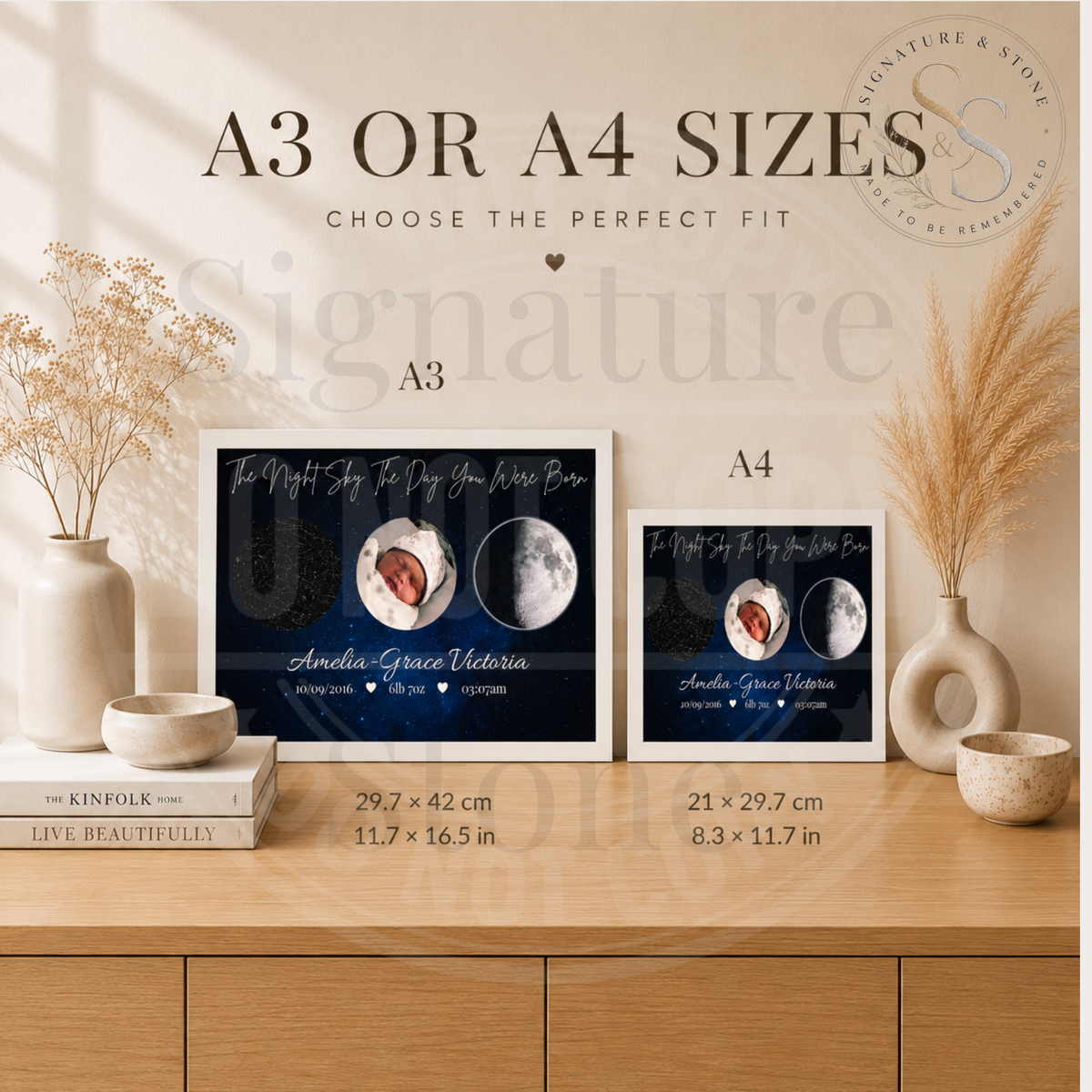 Personalised Night Sky Birth Print, Baby Star Map, Moon Phase Nursery Wall Art