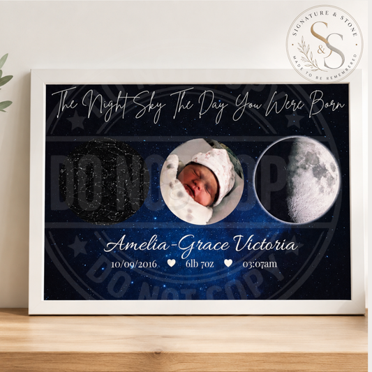 Personalised Night Sky Birth Print, Baby Star Map, Moon Phase Nursery Wall Art