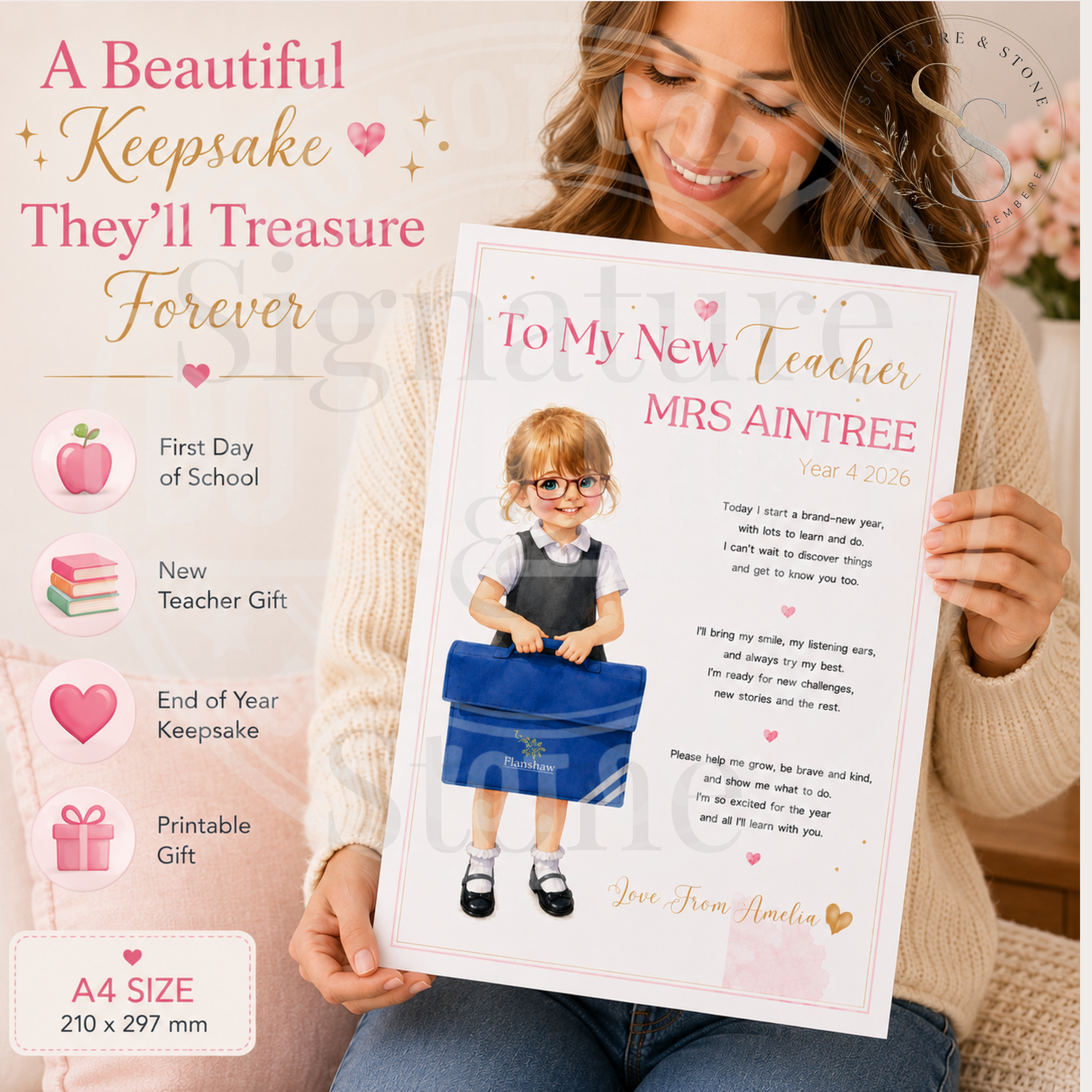 Personalised New Teacher Print | Custom Child Portrait | First Day of School Keepsake | Framed or Unframed Gift
