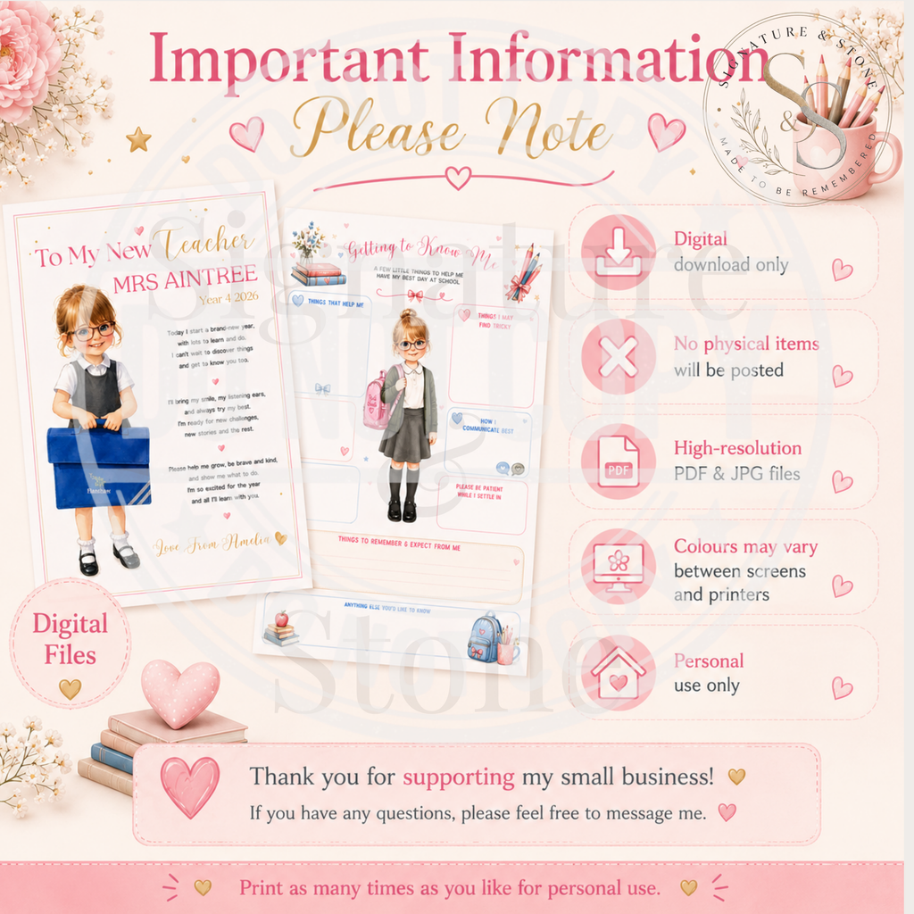 School Starter Bundle | Personalised Teacher Letter & Getting To Know Me Sheet | Digital Download