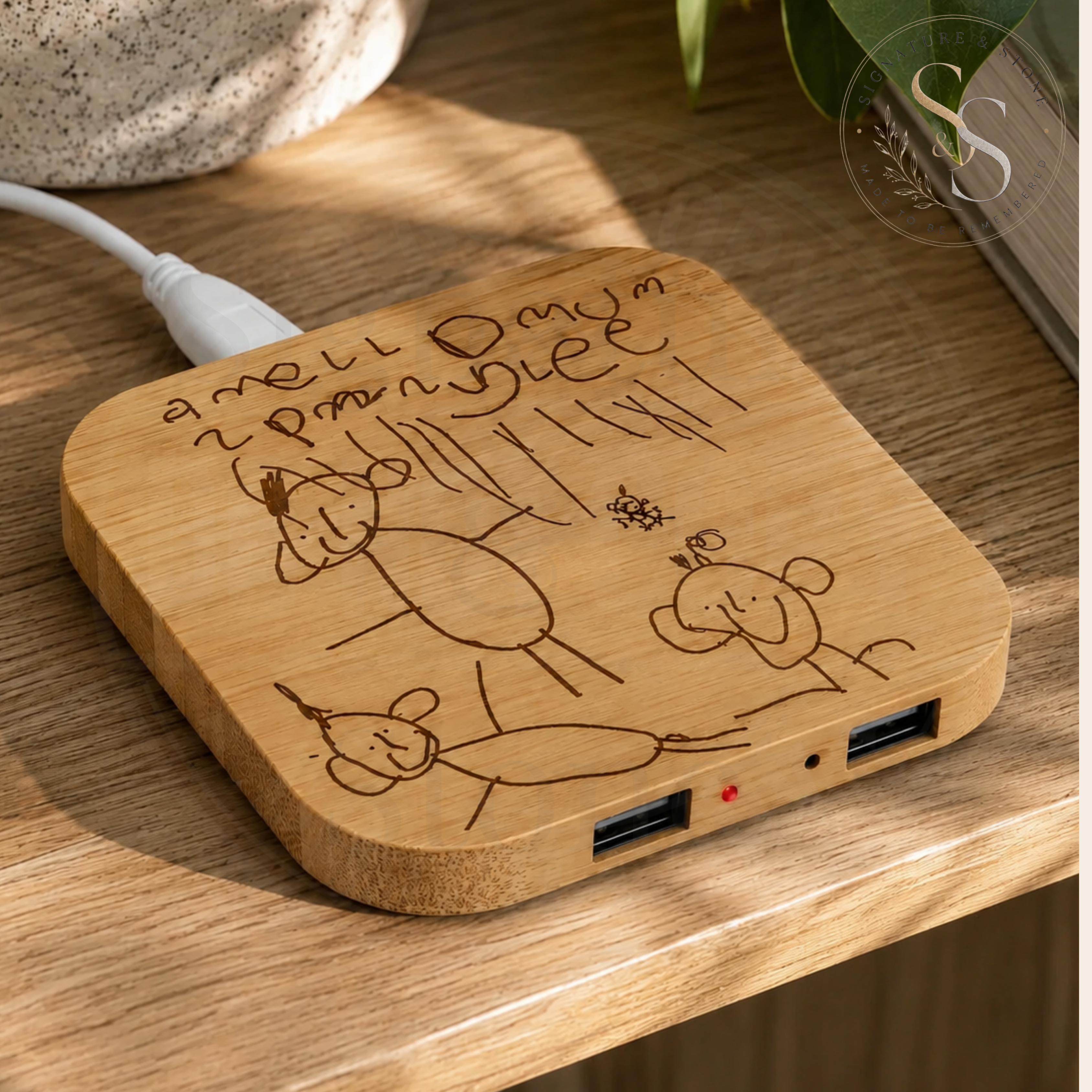 Chargeur sans fil personnalisé, Chargeur gravé dessin enfant, Chargeur de téléphone personnalisé en bambou