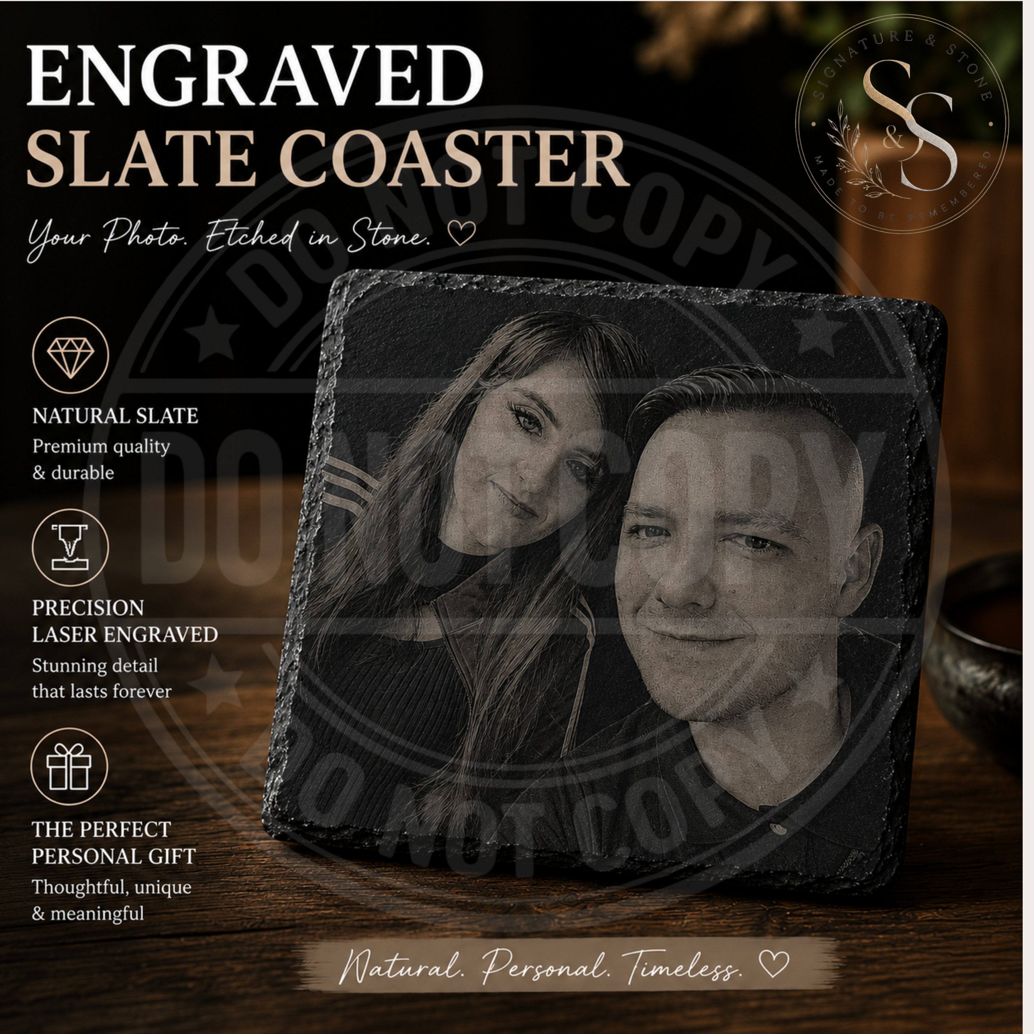 Personalised Engraved Slate Coaster, Custom Photo Coaster, Laser Engraved Gift