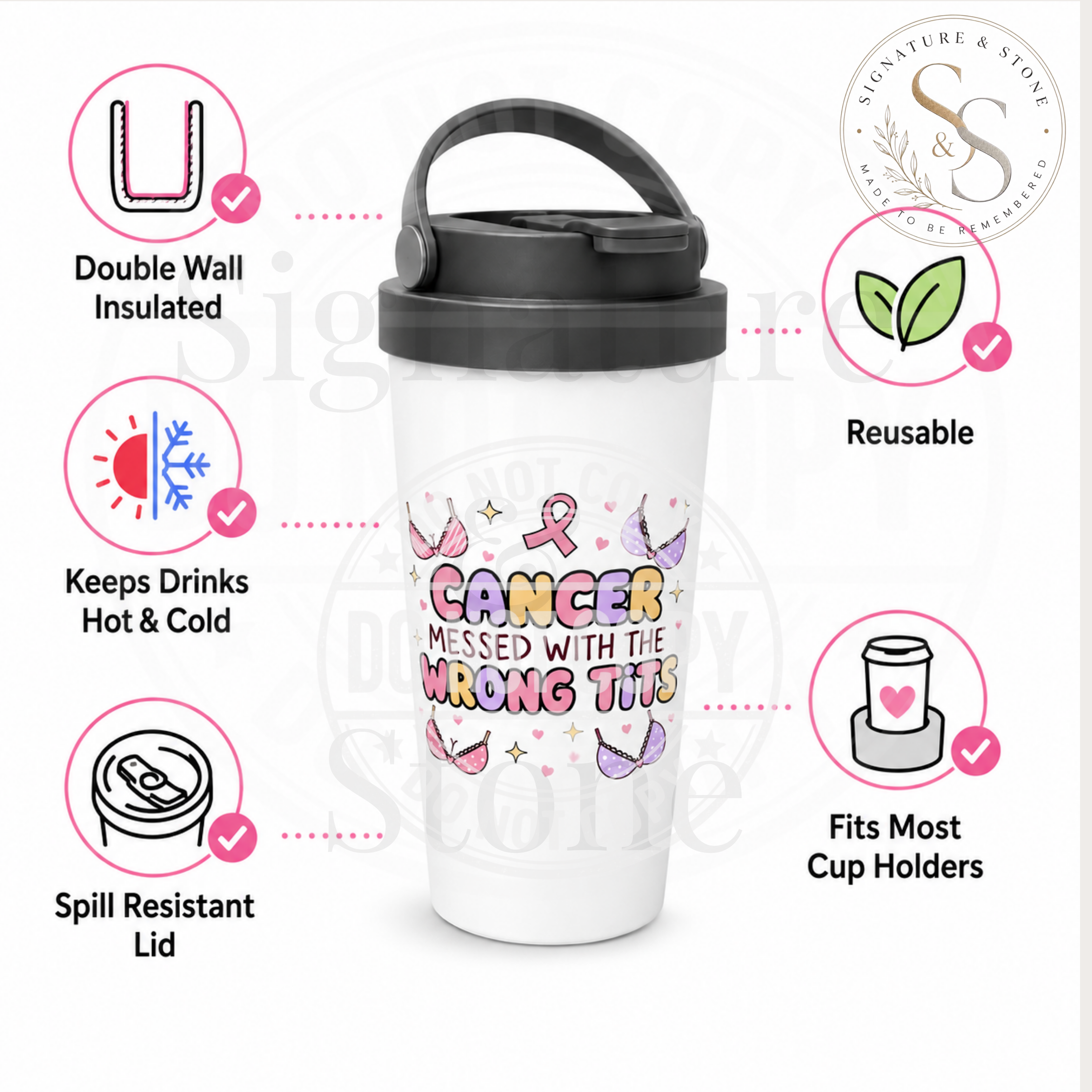 Cancer Messed With the Wrong Tits Travel Mug | Funny Breast Cancer Survivor Tumbler