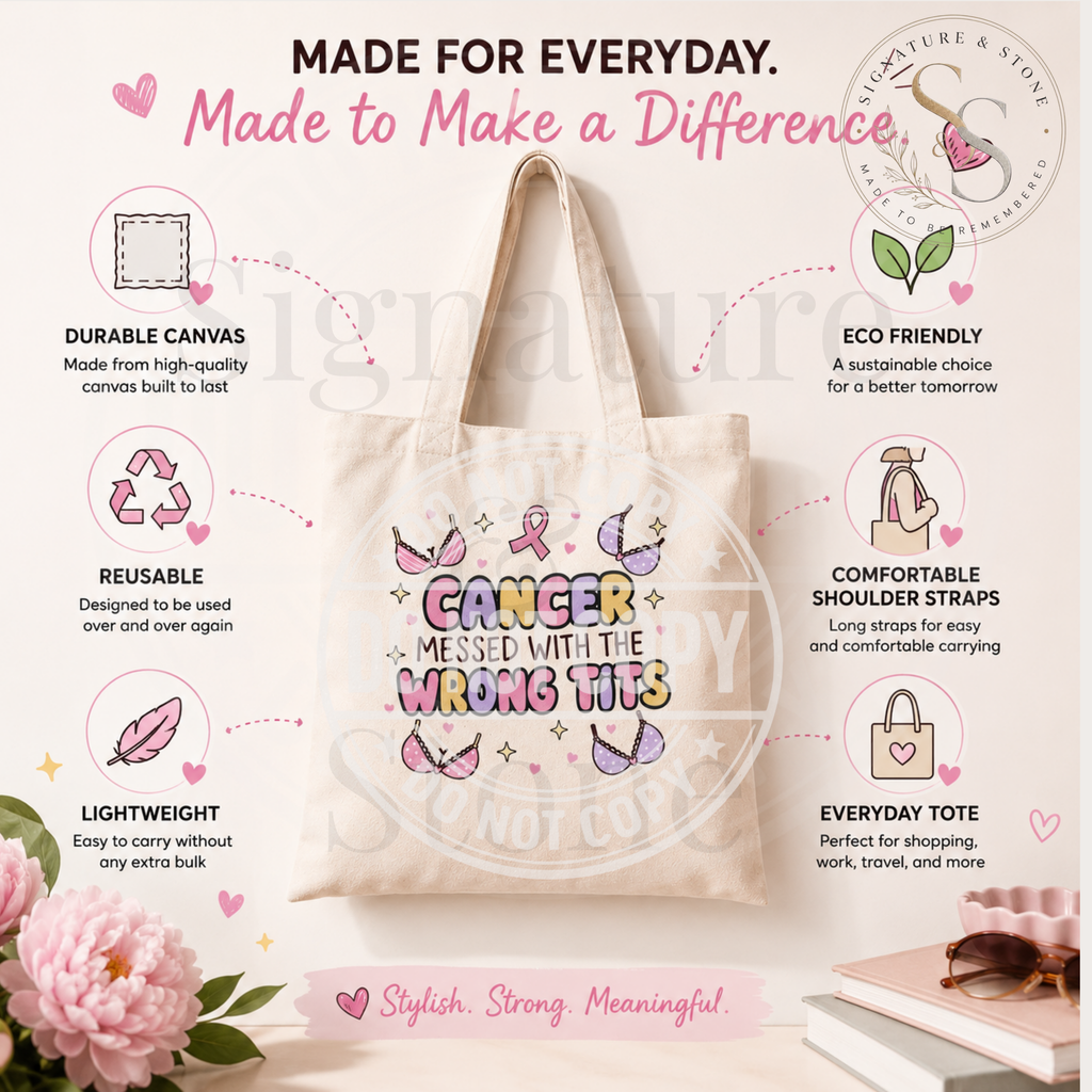Cancer Messed With the Wrong Tits Tote Bag | Funny Breast Cancer Survivor Cotton Tote