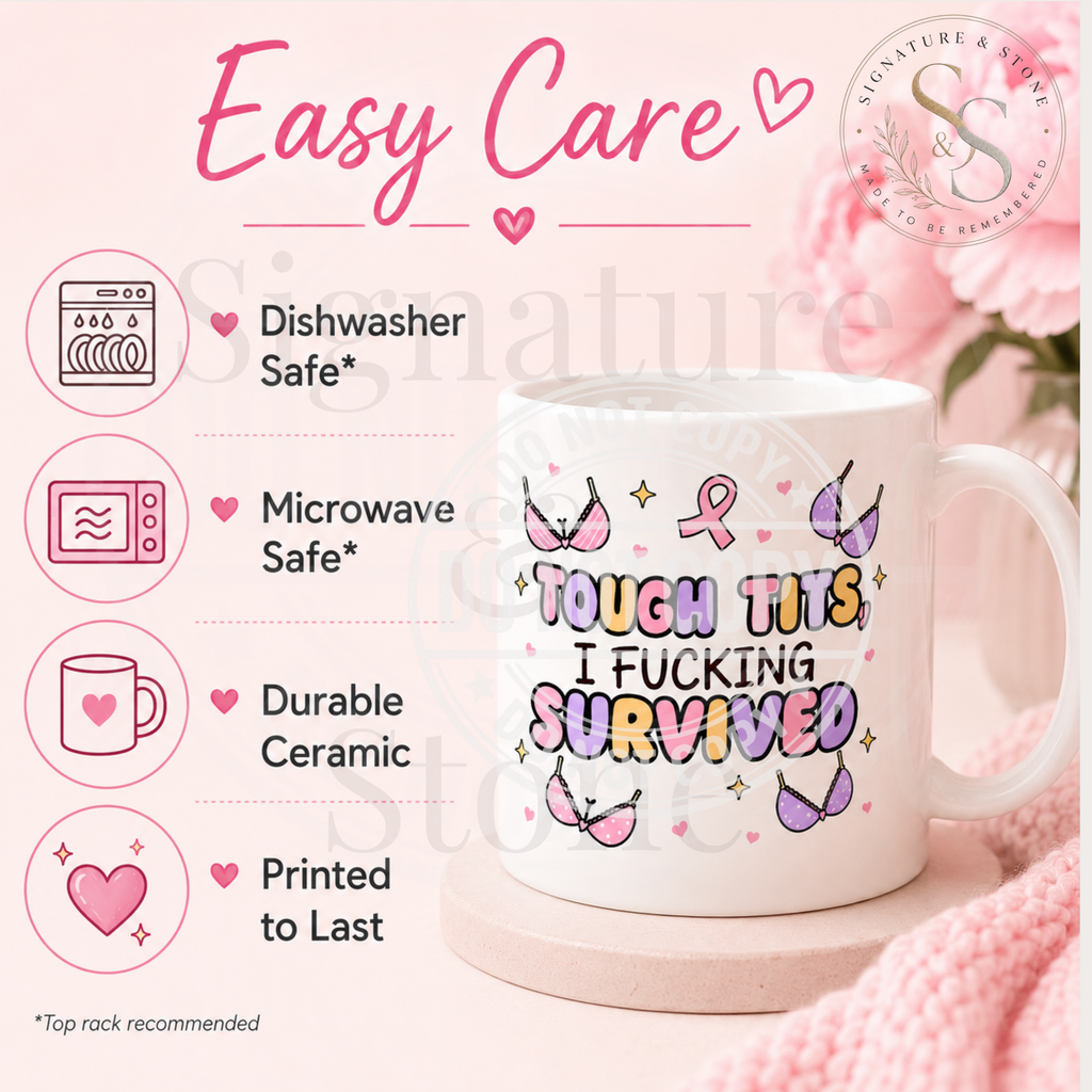 Tough Tits I F*cking Survived Mug | Funny Breast Cancer Survivor Coffee Mug