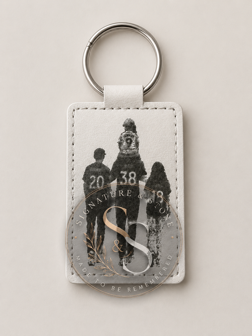 Personalised football shirt leather keyring engraved with custom family illustration