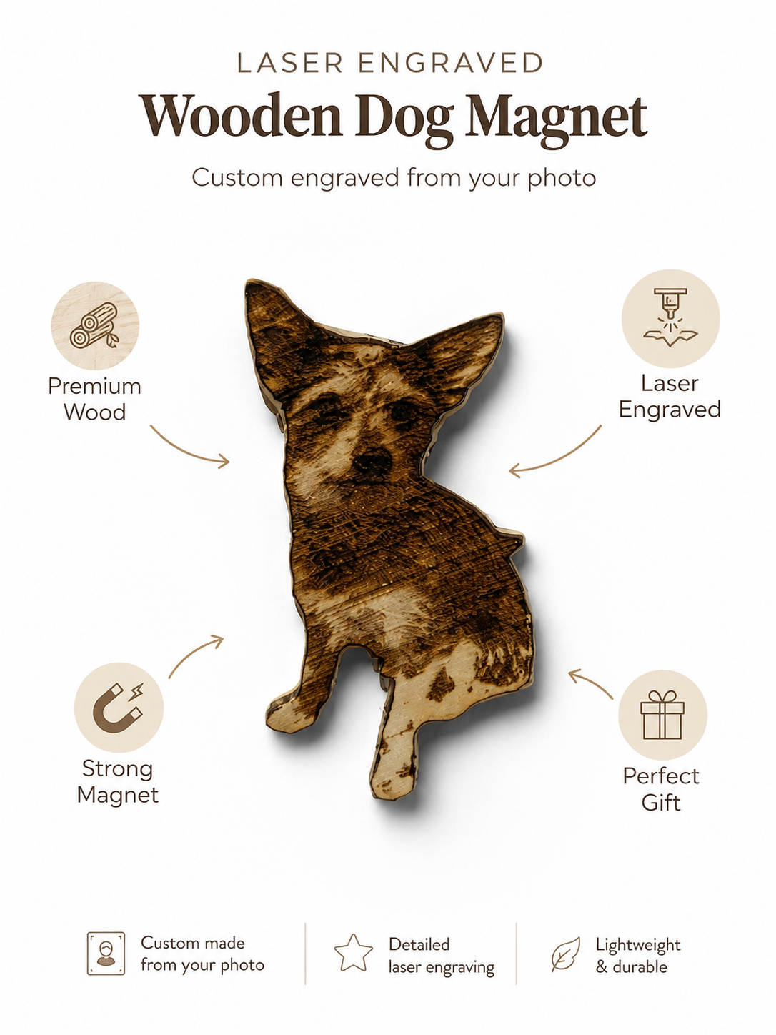 Custom Wooden Dog Magnet From Photo | Personalized Pet Portrait Fridge Magnet | Laser Engraved Pet Memorial Gift