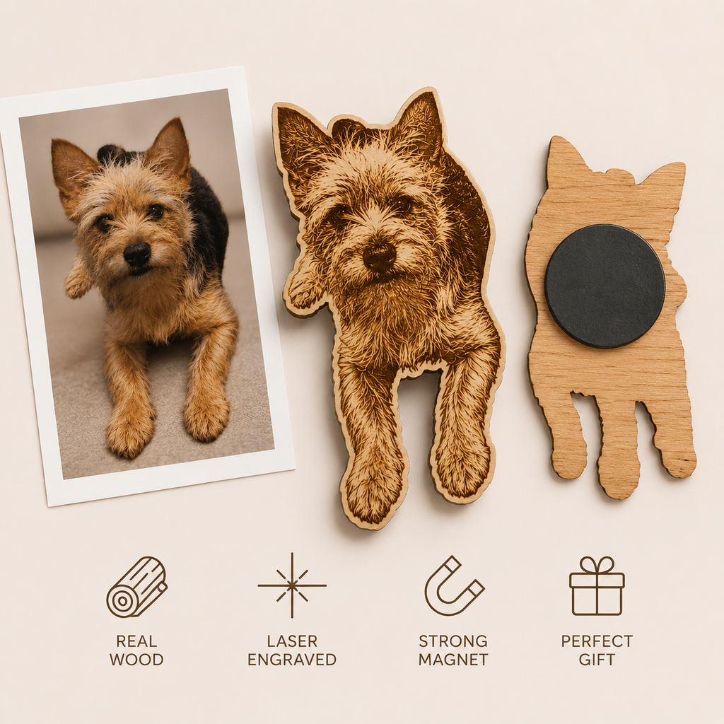 Custom Wooden Dog Magnet From Photo | Personalized Pet Portrait Fridge Magnet | Laser Engraved Pet Memorial Gift
