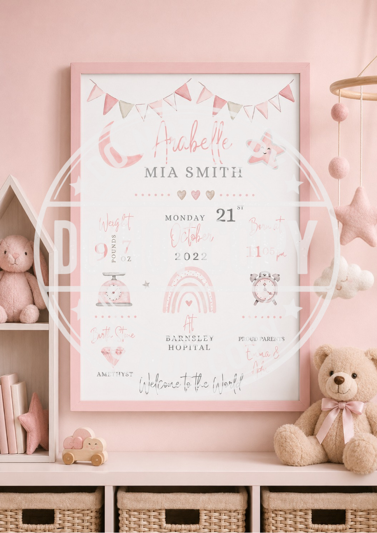Personalised Baby Birth Stats Print, Custom Nursery Wall Art