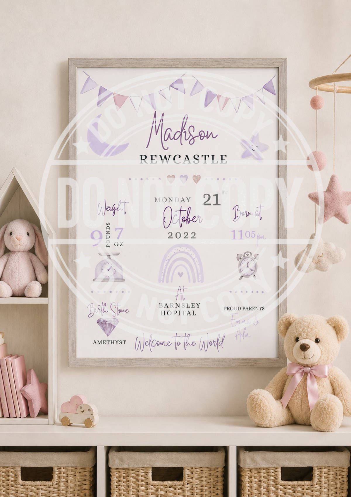 Personalised Baby Birth Stats Print, Custom Nursery Wall Art