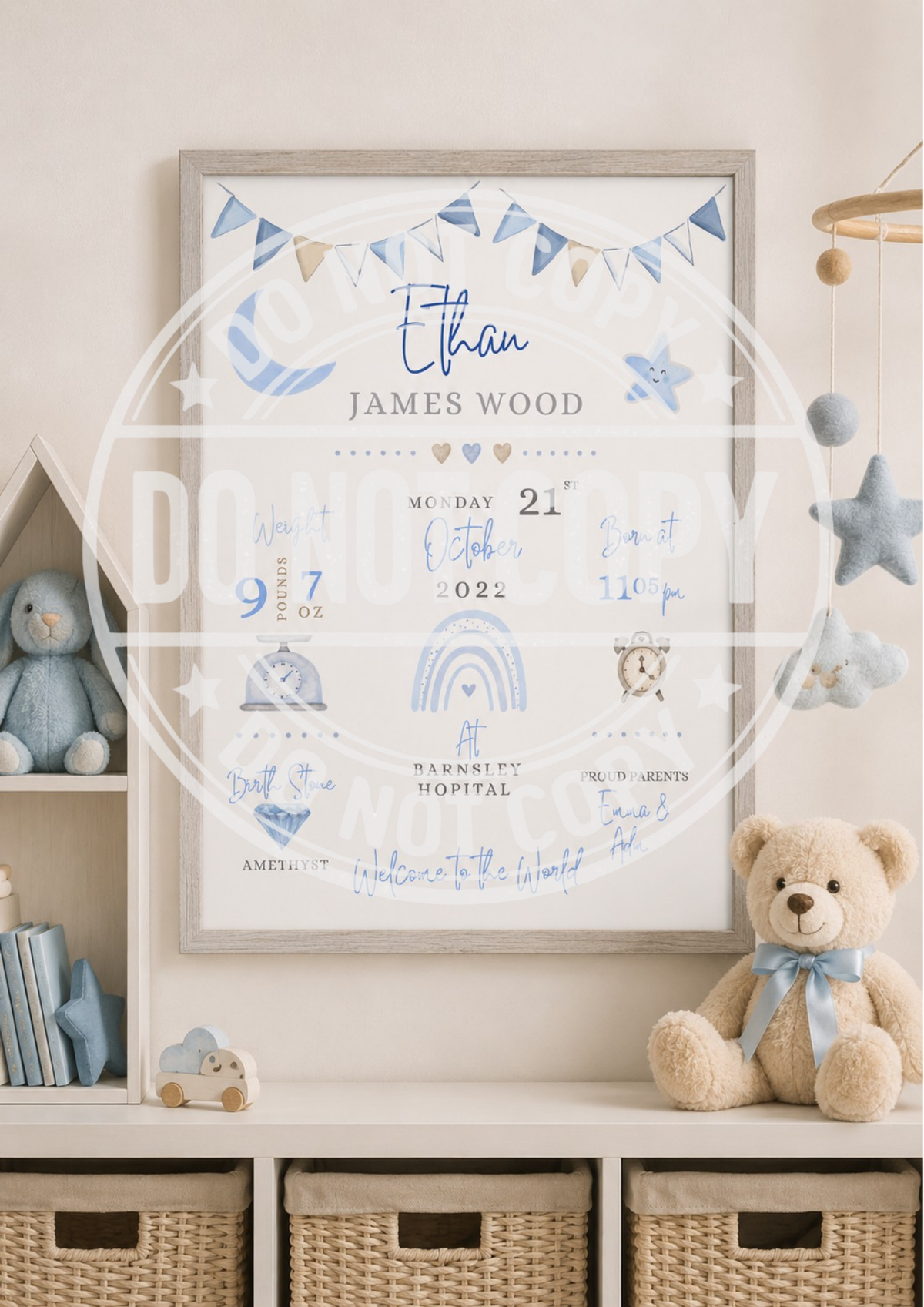 Personalised Baby Birth Stats Print, Custom Nursery Wall Art