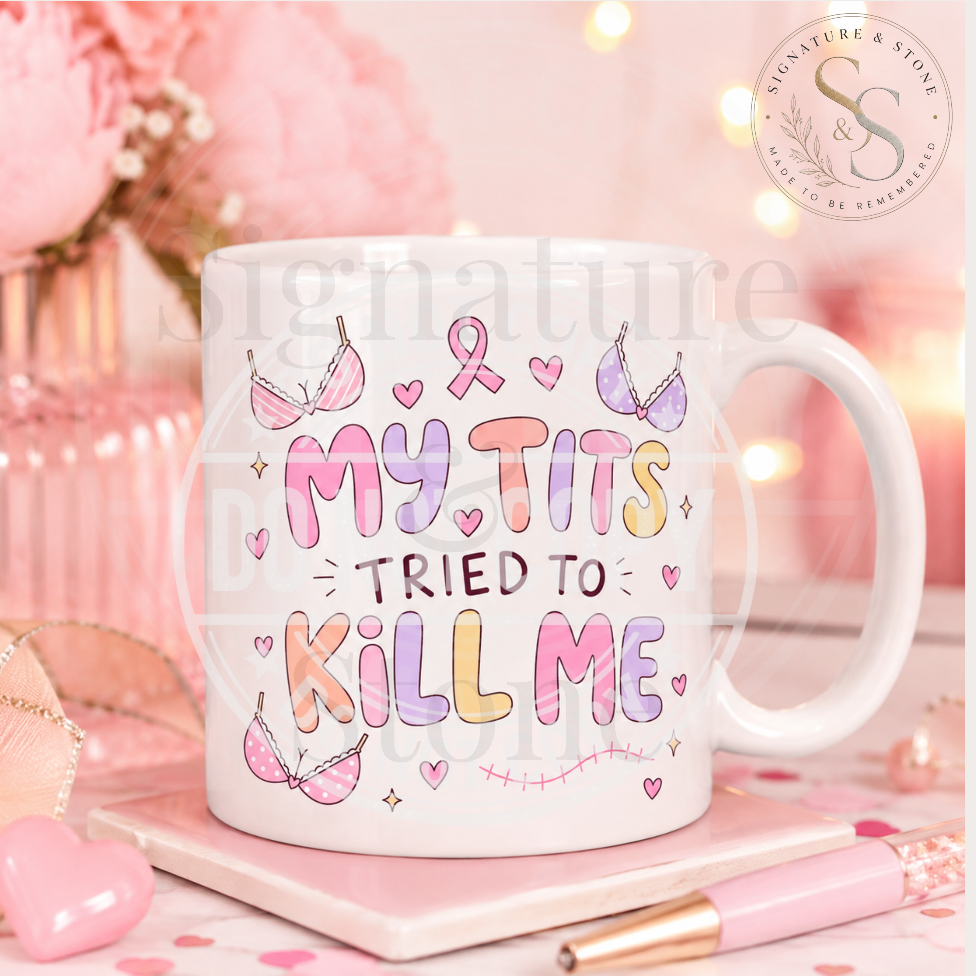 My Tits Tried to Kill Me breast cancer survivor ceramic mug with pink themed styling.