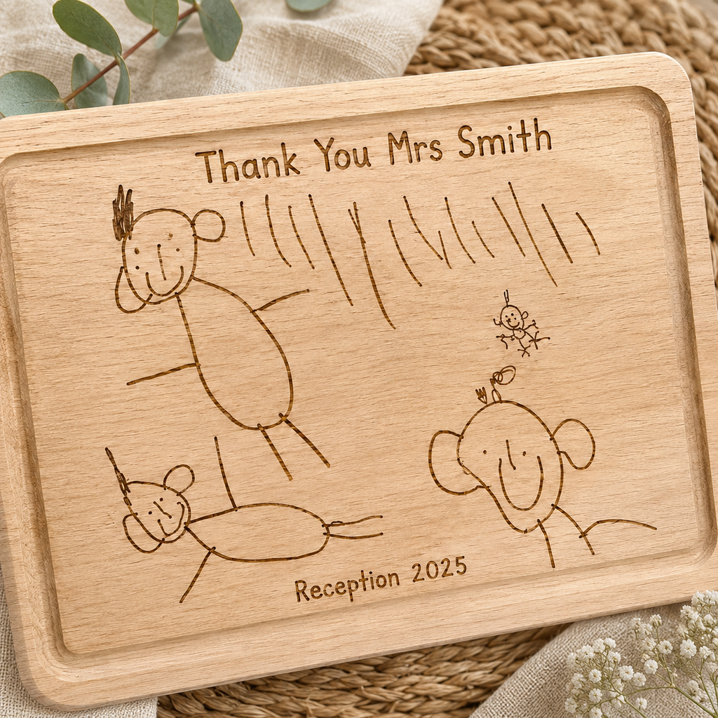 Personalised wooden chopping board engraved with children's drawings and custom text, creating a unique keepsake gift from a child's artwork.
